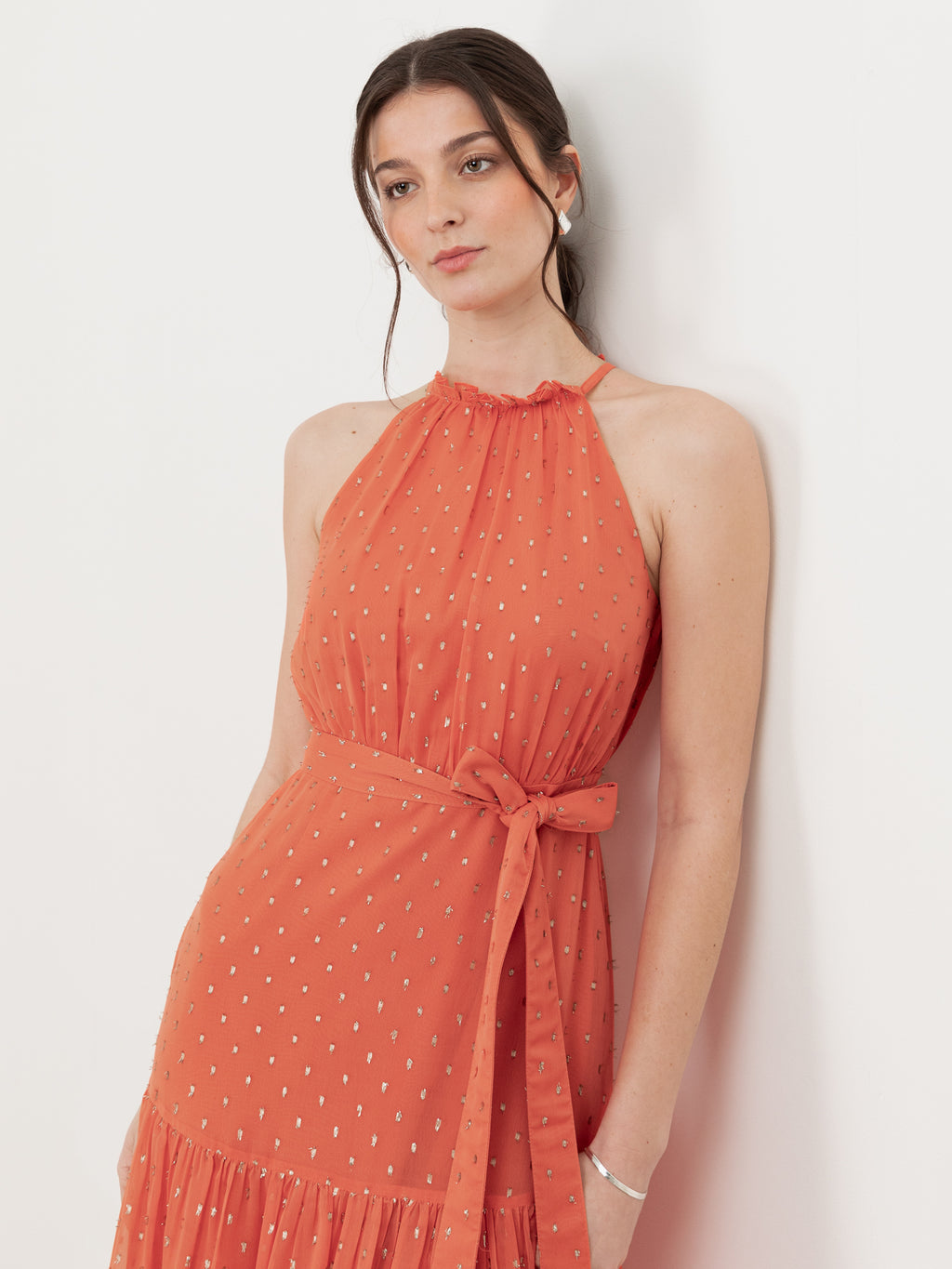 Anaya With Love Recycled Coral Halter Neck Tiered Midi Dress