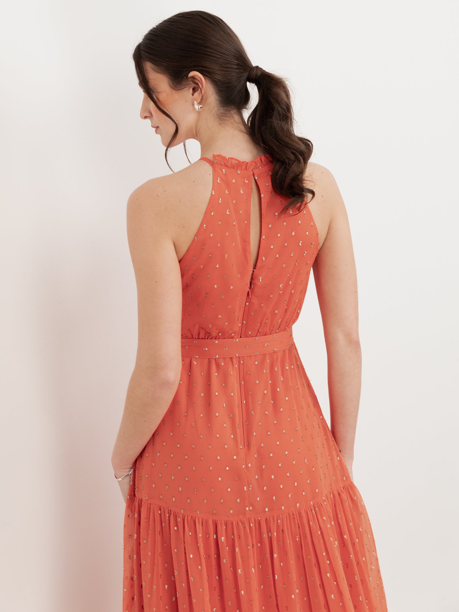 Anaya With Love Recycled Coral Halter Neck Tiered Midi Dress