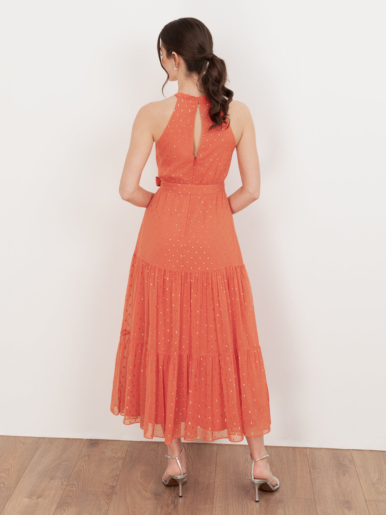 Anaya With Love Recycled Coral Halter Neck Tiered Midi Dress