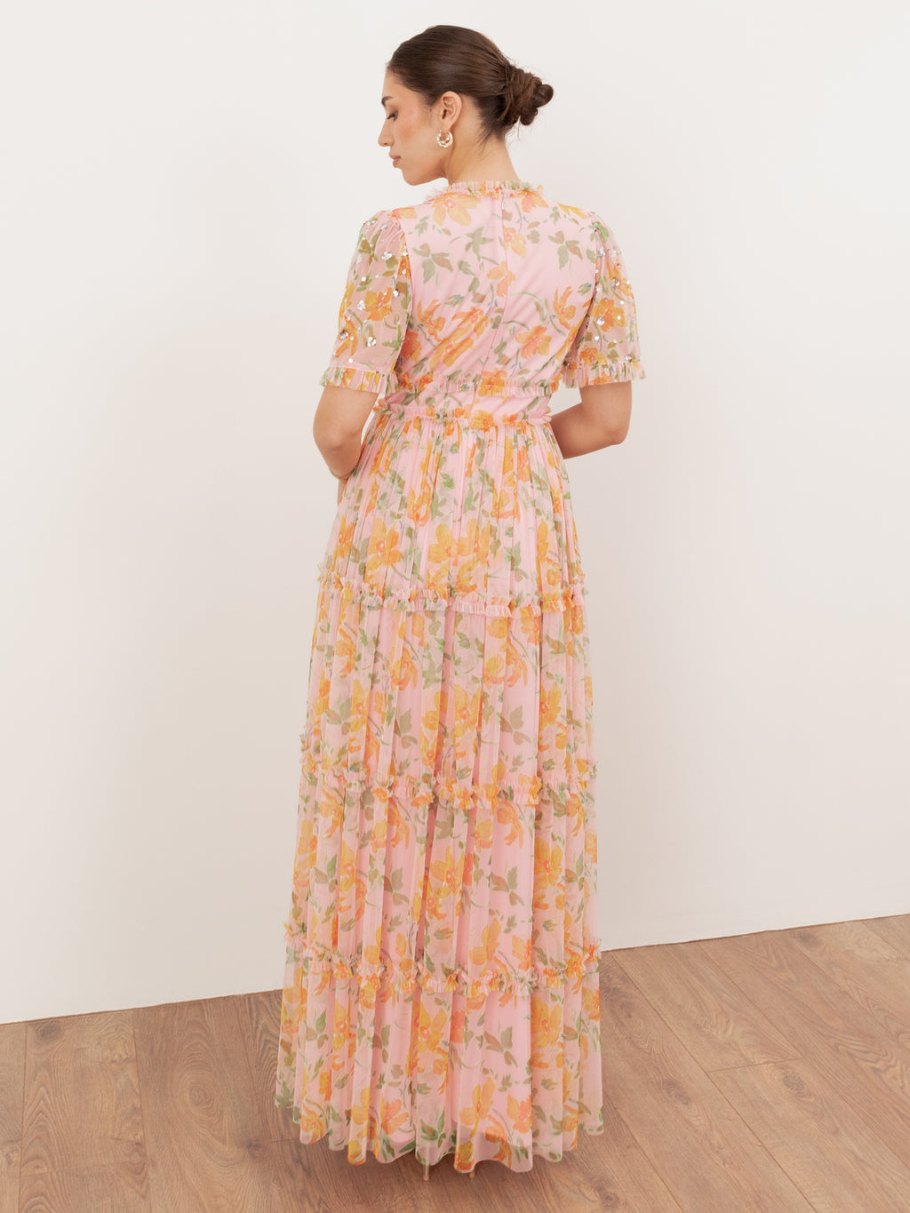 Anaya With Love Recycled Pink Floral & Sequin V Neck Frill Maxi Dress
