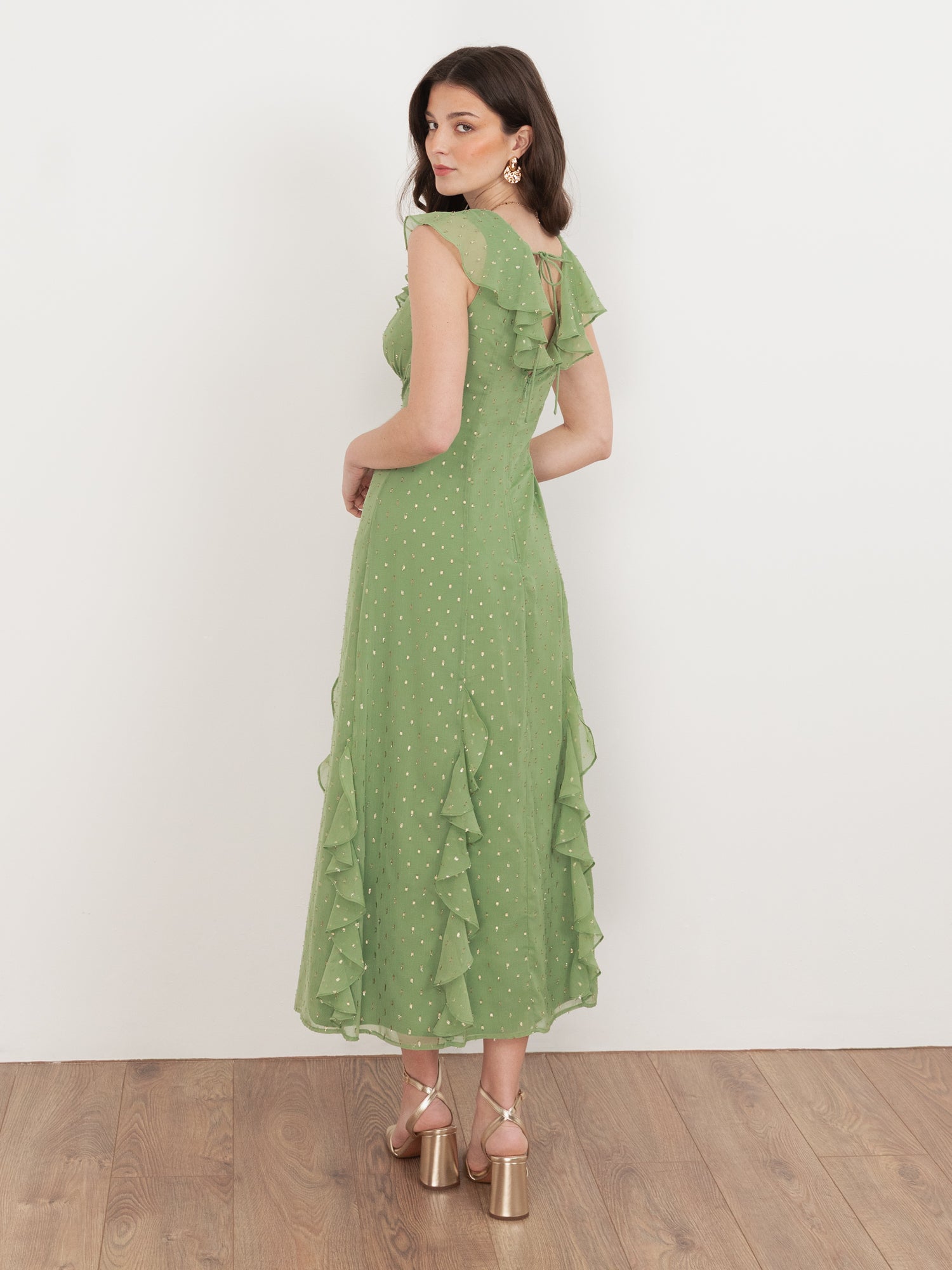 Anaya With Love Recycled Green Tea V Neck Ruffle Midaxi Dress