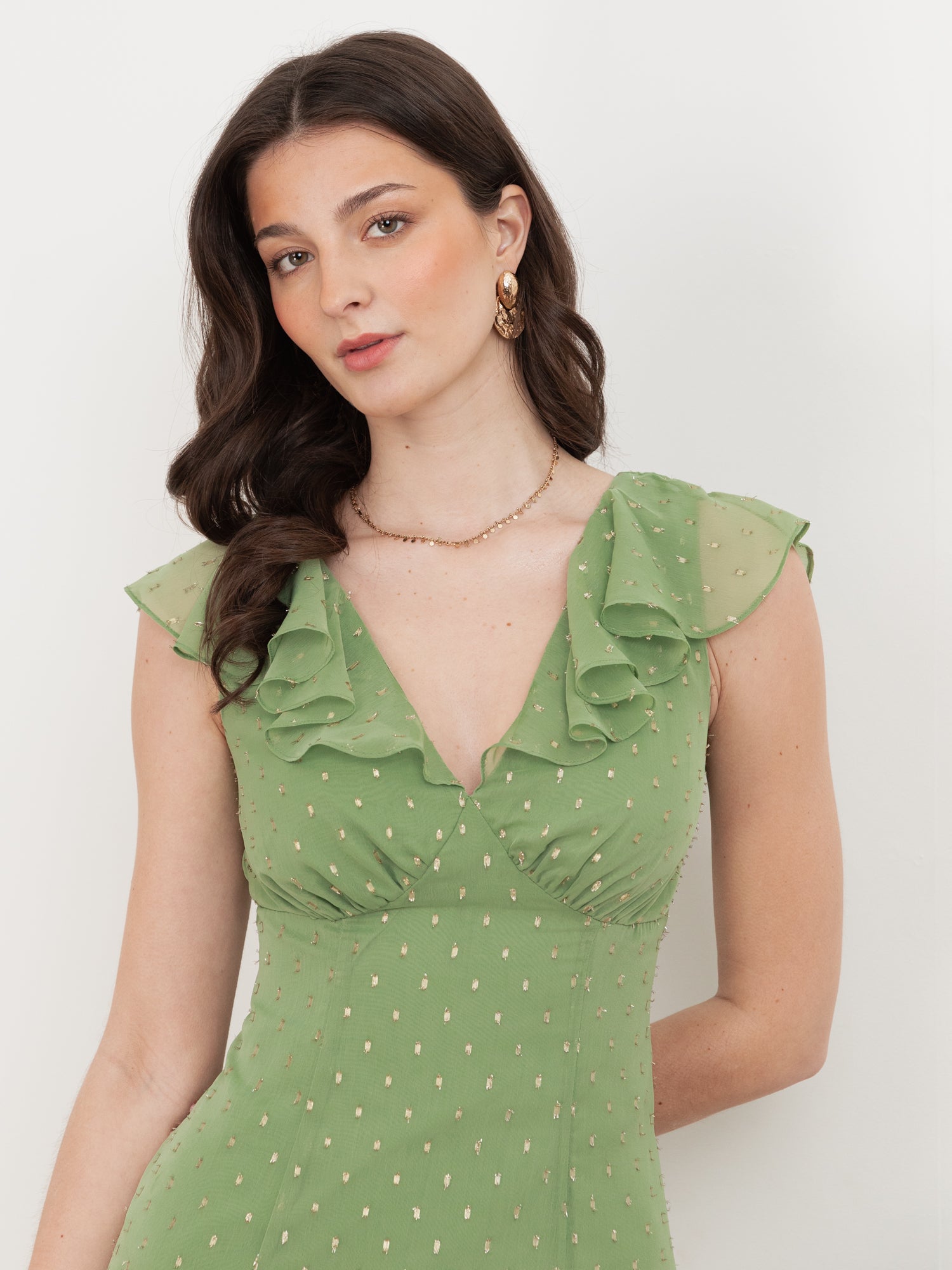 Anaya With Love Recycled Green Tea V Neck Ruffle Midaxi Dress