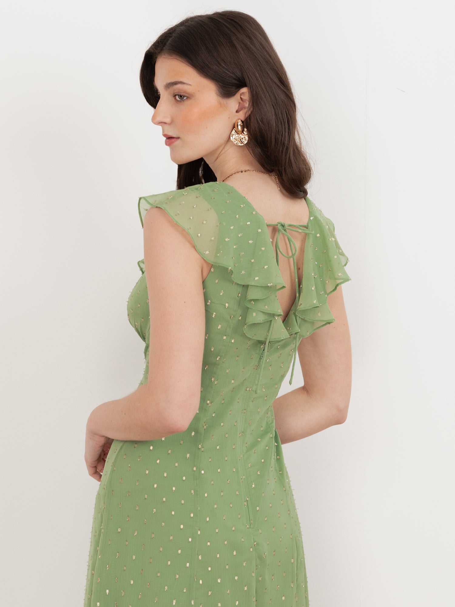 Anaya With Love Recycled Green Tea V Neck Ruffle Midaxi Dress