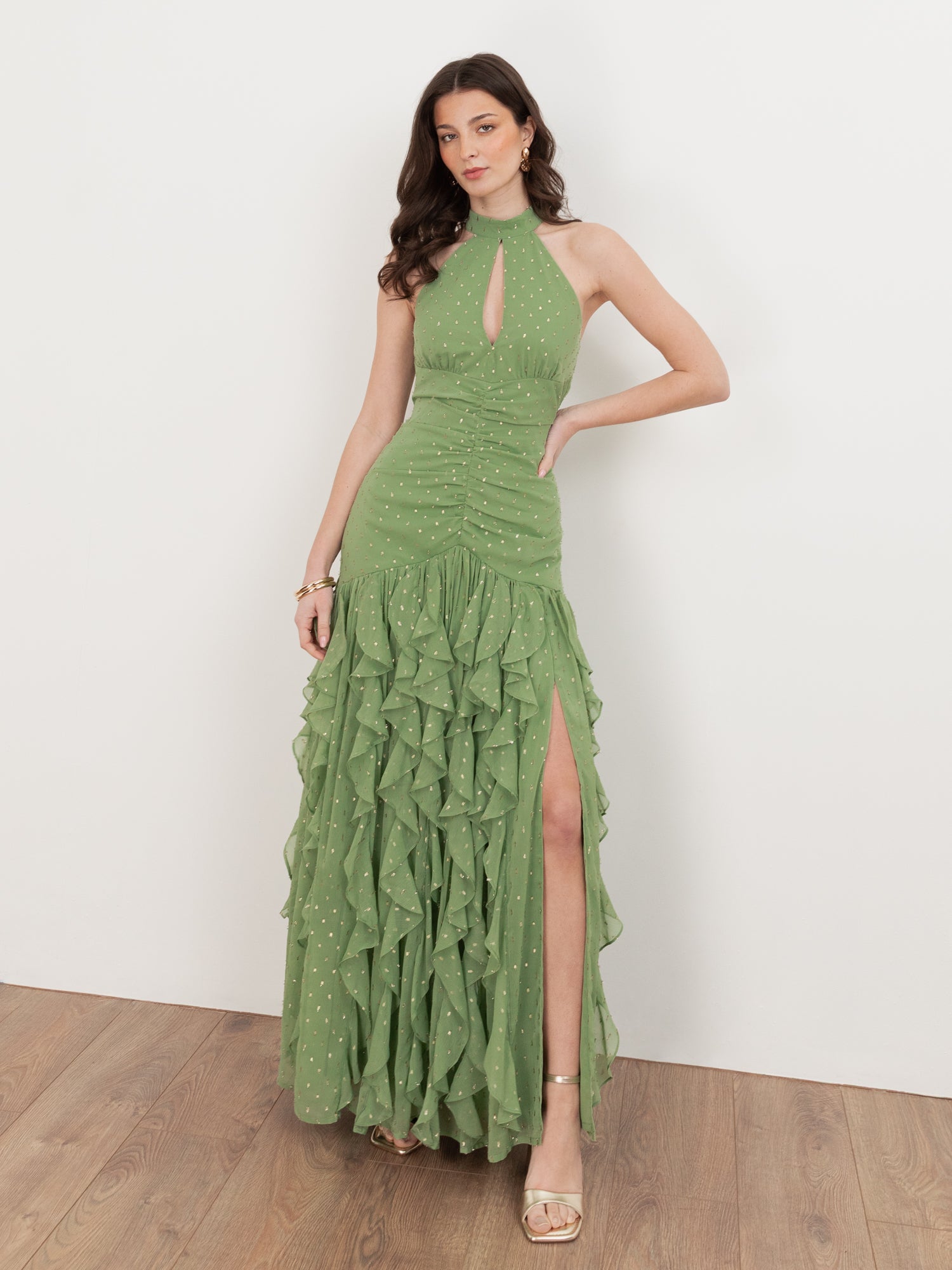 Anaya With Love Recycled Green Tea Halter Neck Waterfall Ruffle Maxi Dress