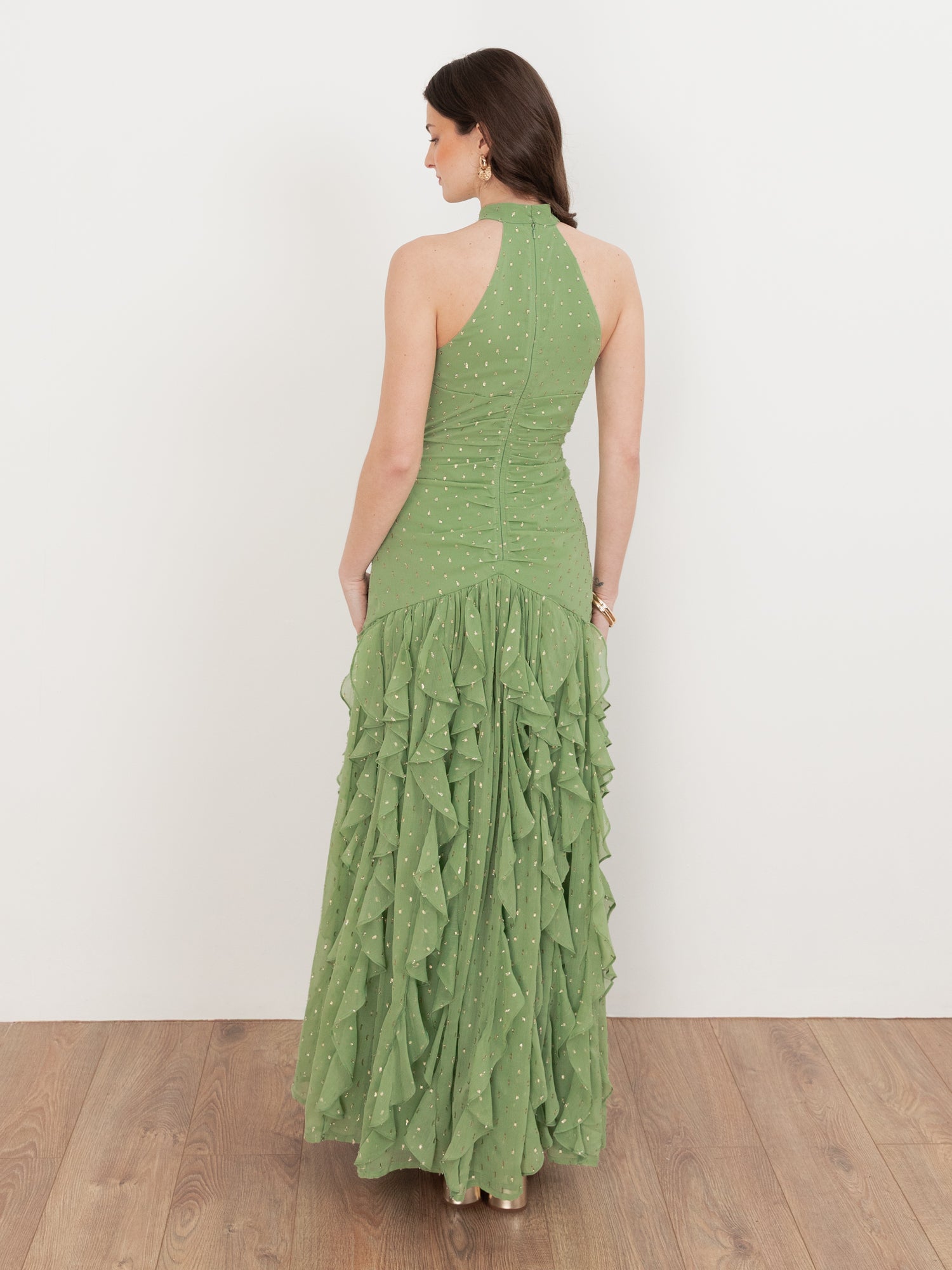 Anaya With Love Recycled Green Tea Halter Neck Waterfall Ruffle Maxi Dress