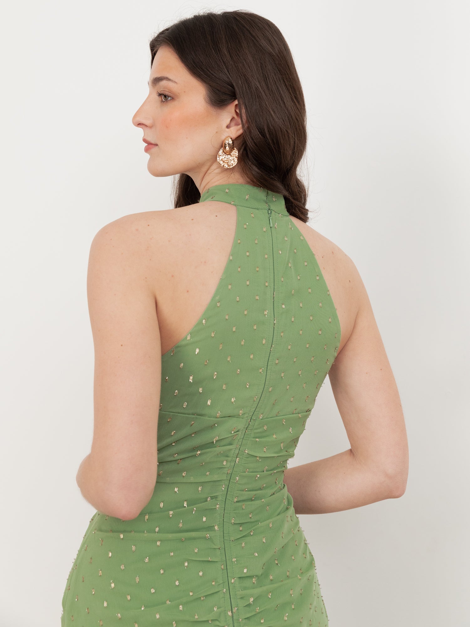 Anaya With Love Recycled Green Tea Halter Neck Waterfall Ruffle Maxi Dress