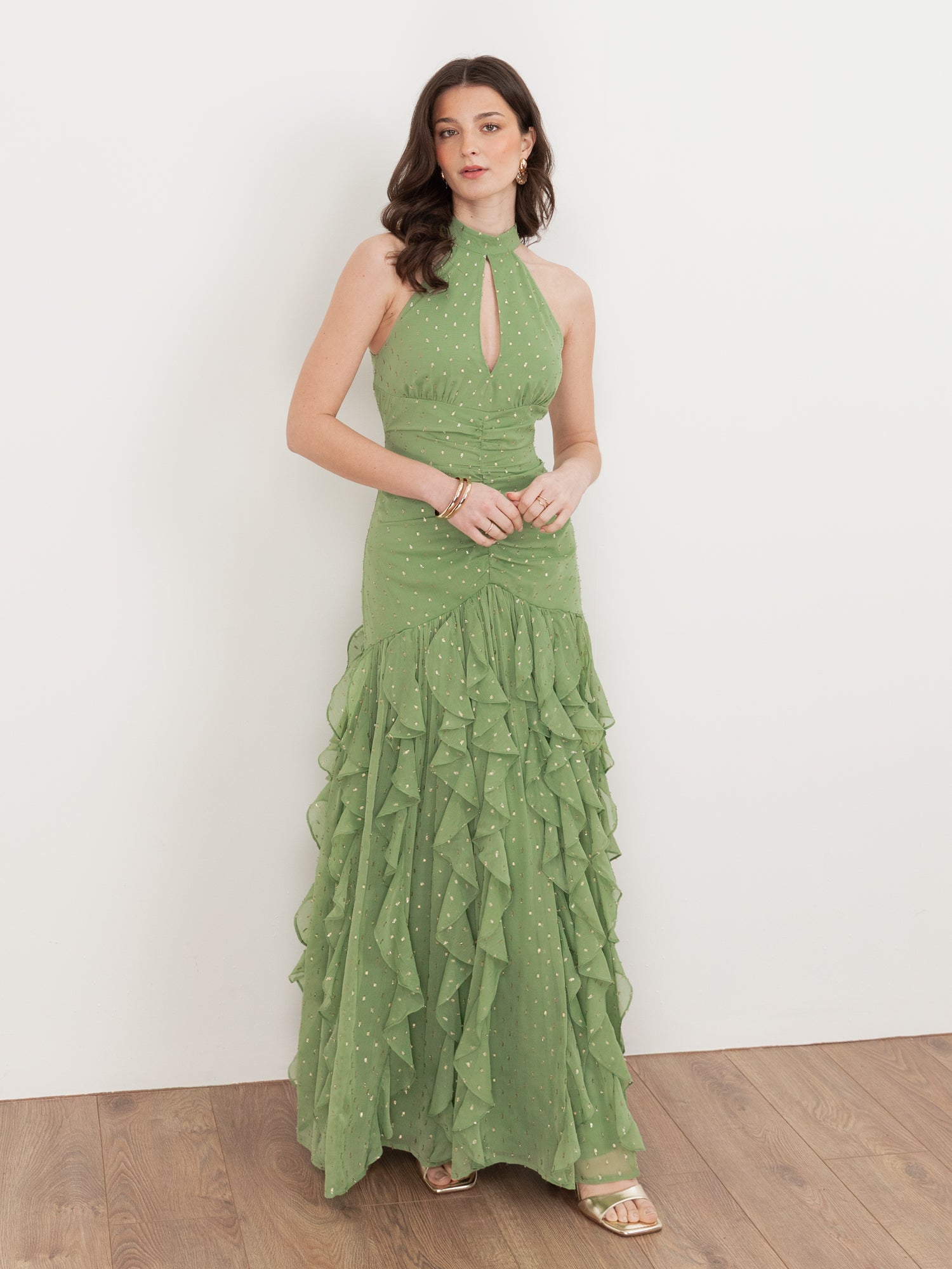 Anaya With Love Recycled Green Tea Halter Neck Waterfall Ruffle Maxi Dress