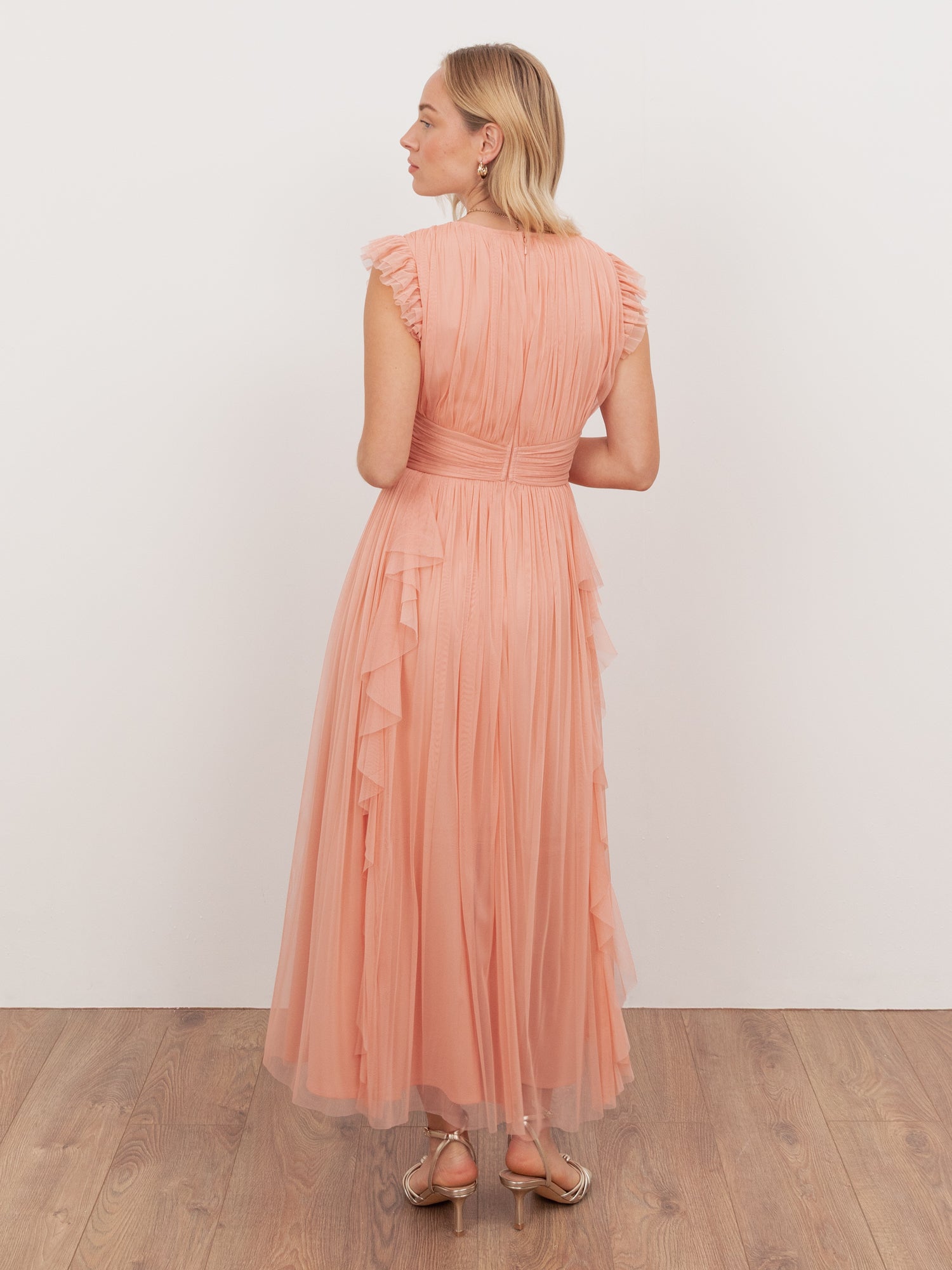 Anaya With Love Recycled Peach V Neck Midaxi Dress with Waterfall Ruffle Detail