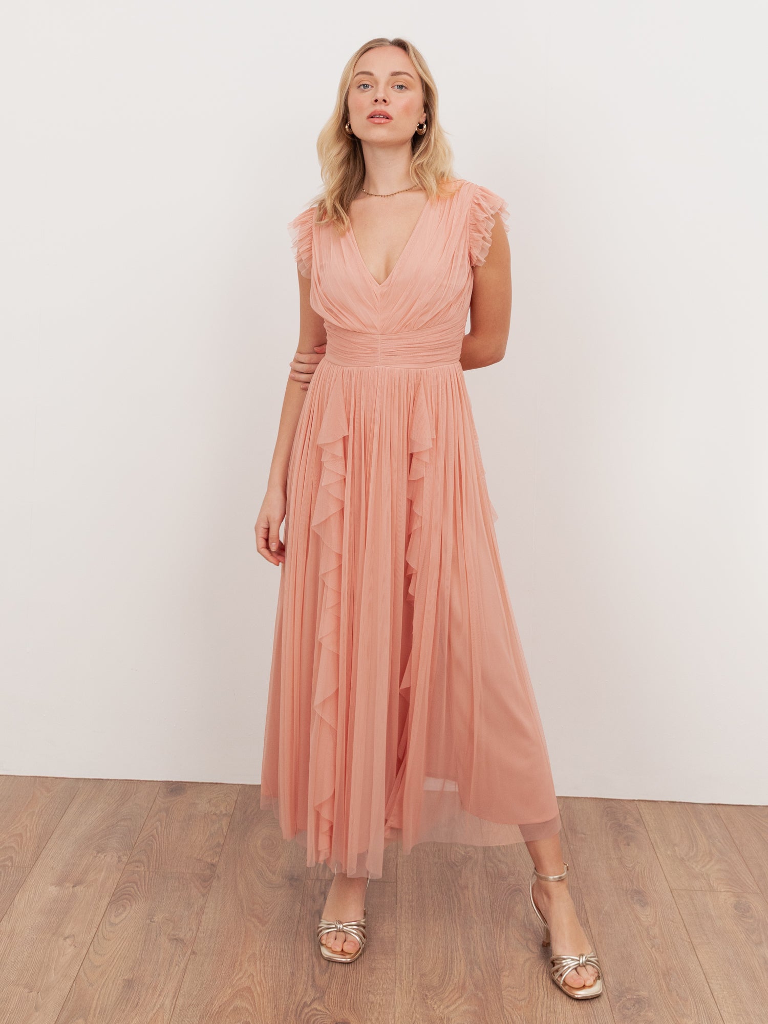 Anaya With Love Recycled Peach V Neck Midaxi Dress with Waterfall Ruffle Detail