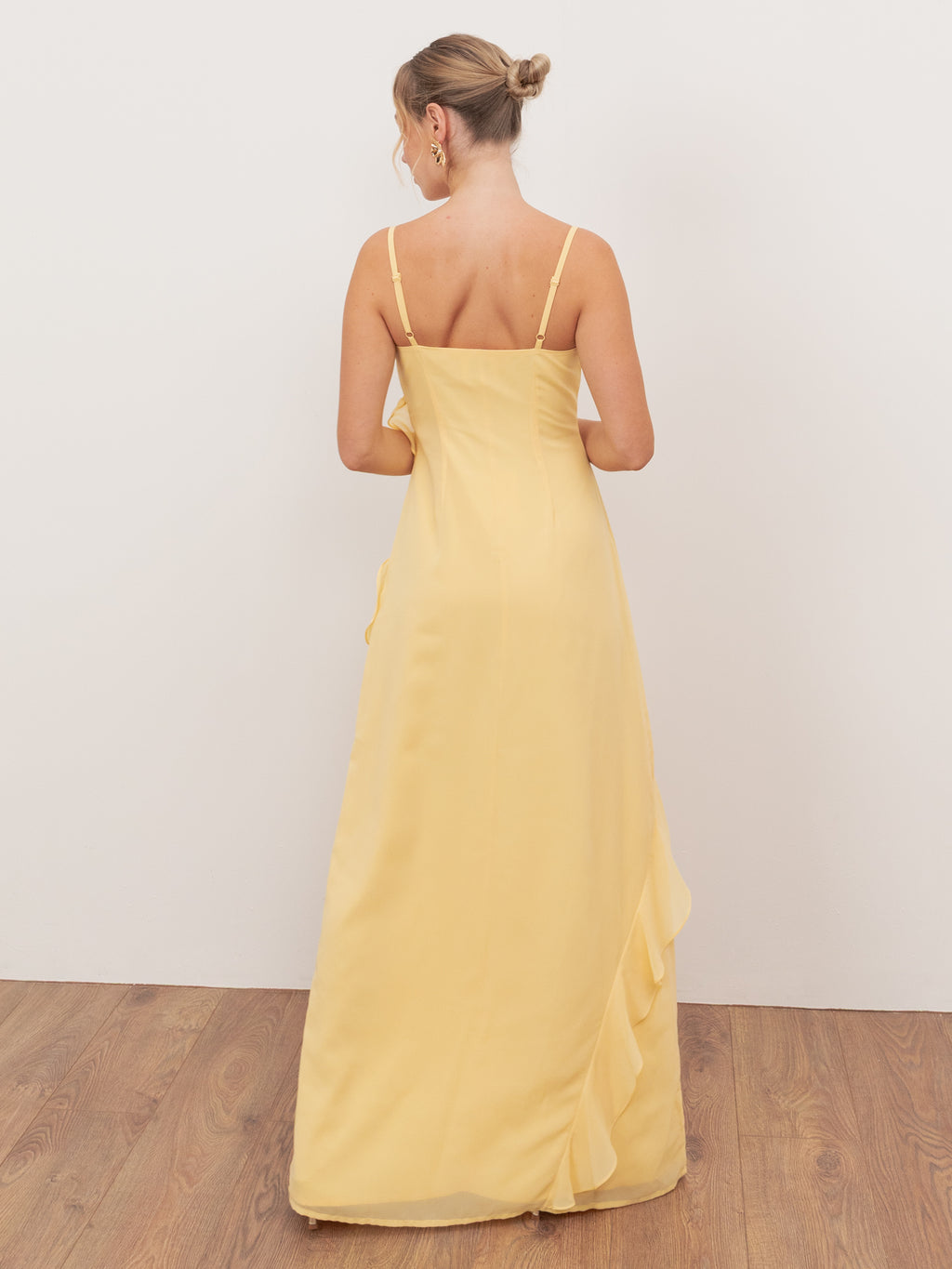 Anaya With Love Recycled Butter Yellow Waterfall Ruffle Cowl Neck Cami Maxi Dress