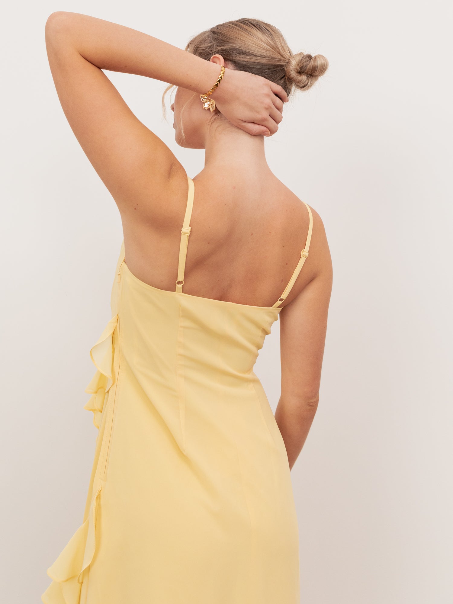 Anaya With Love Recycled Butter Yellow Waterfall Ruffle Cowl Neck Cami Maxi Dress