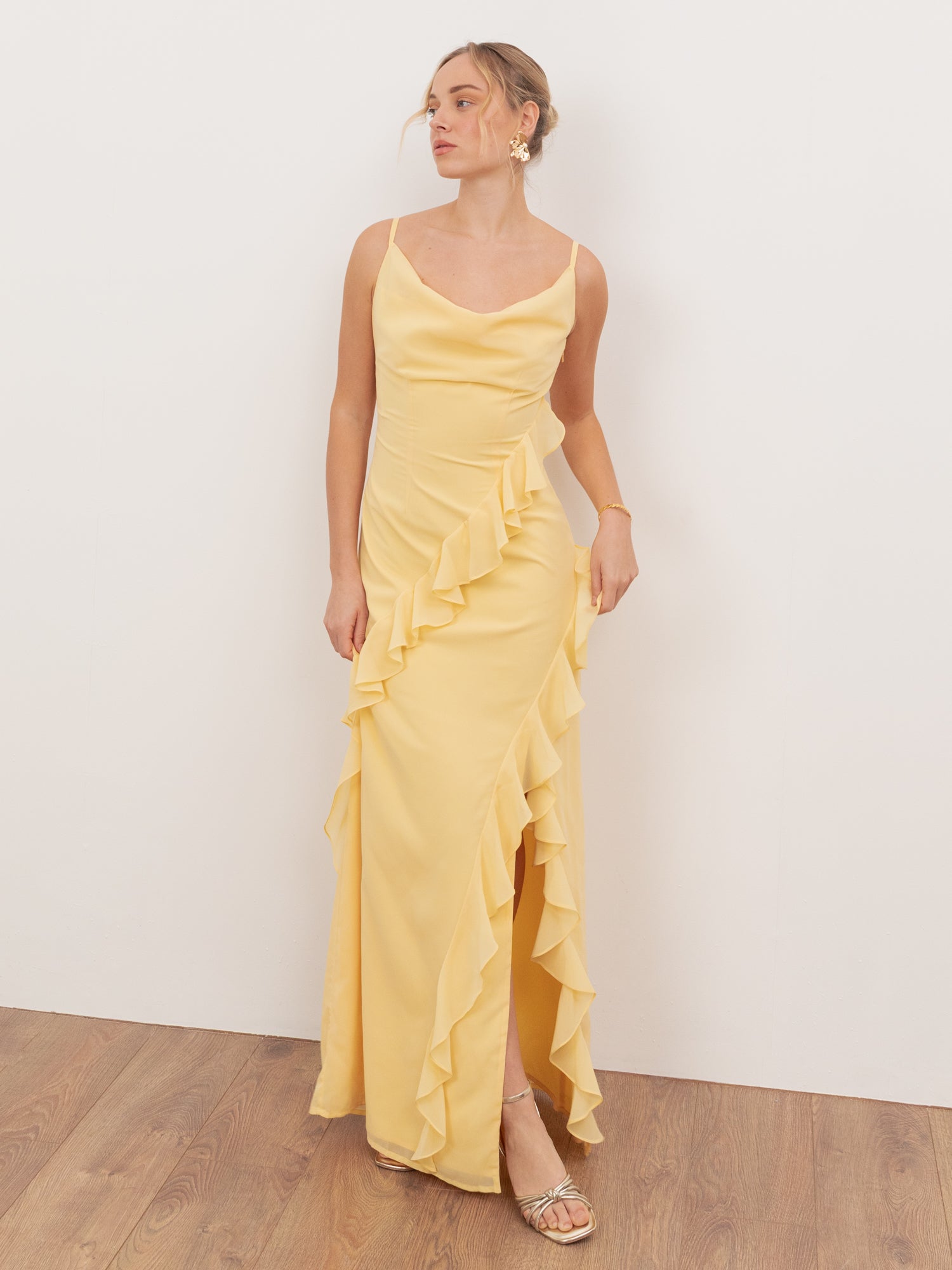 Anaya With Love Recycled Butter Yellow Waterfall Ruffle Cowl Neck Cami Maxi Dress