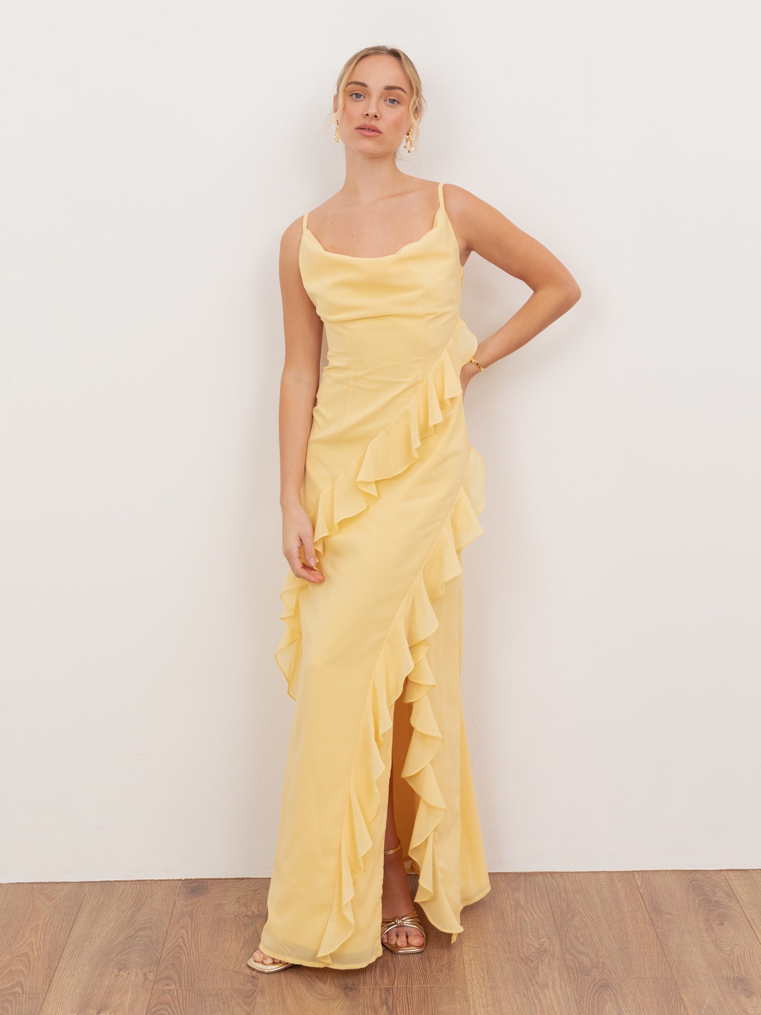 Anaya With Love Recycled Butter Yellow Waterfall Ruffle Cowl Neck Cami Maxi Dress
