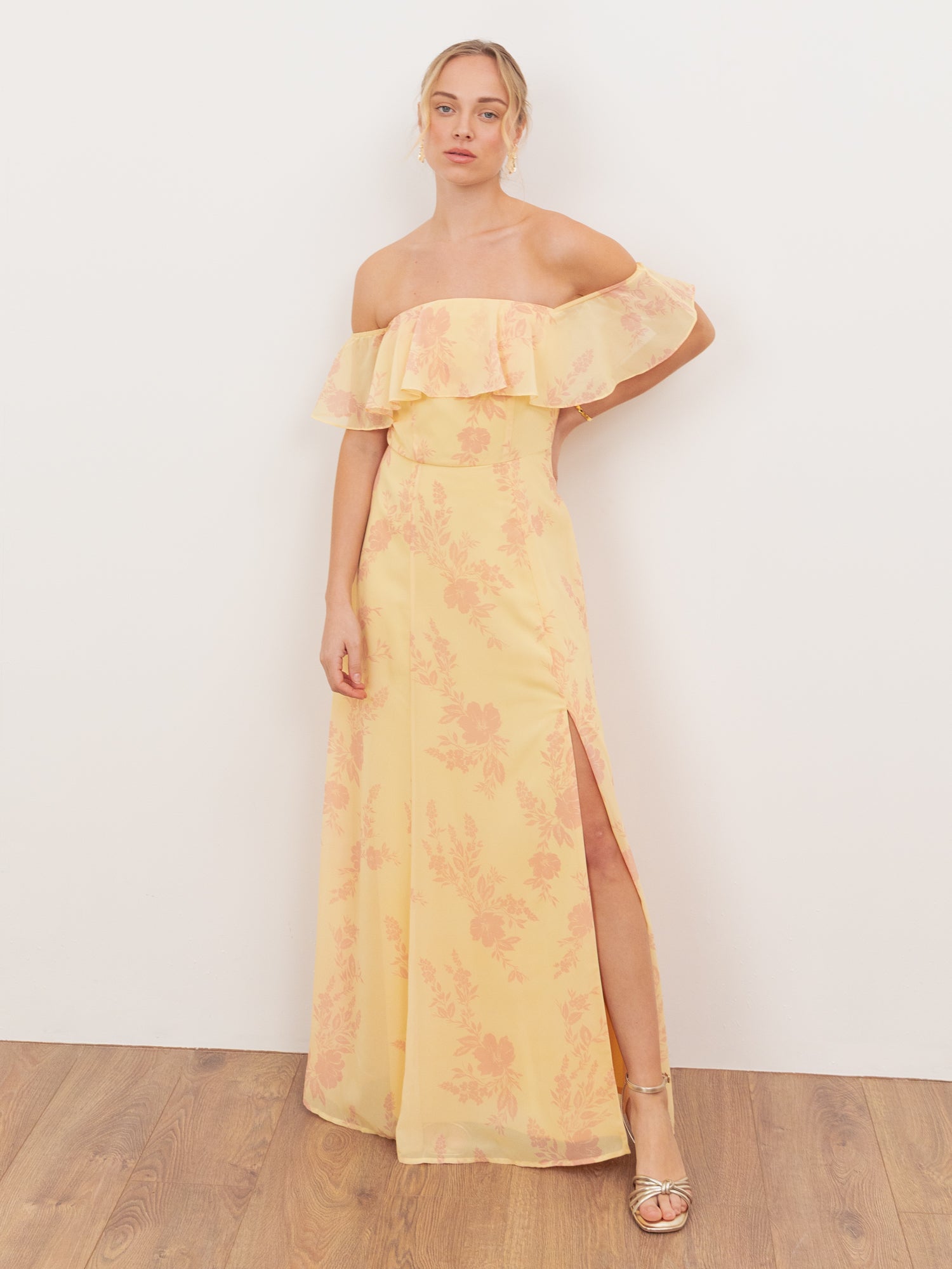 Anaya With Love Recycled Yellow Floral Print Bardot Maxi Dress