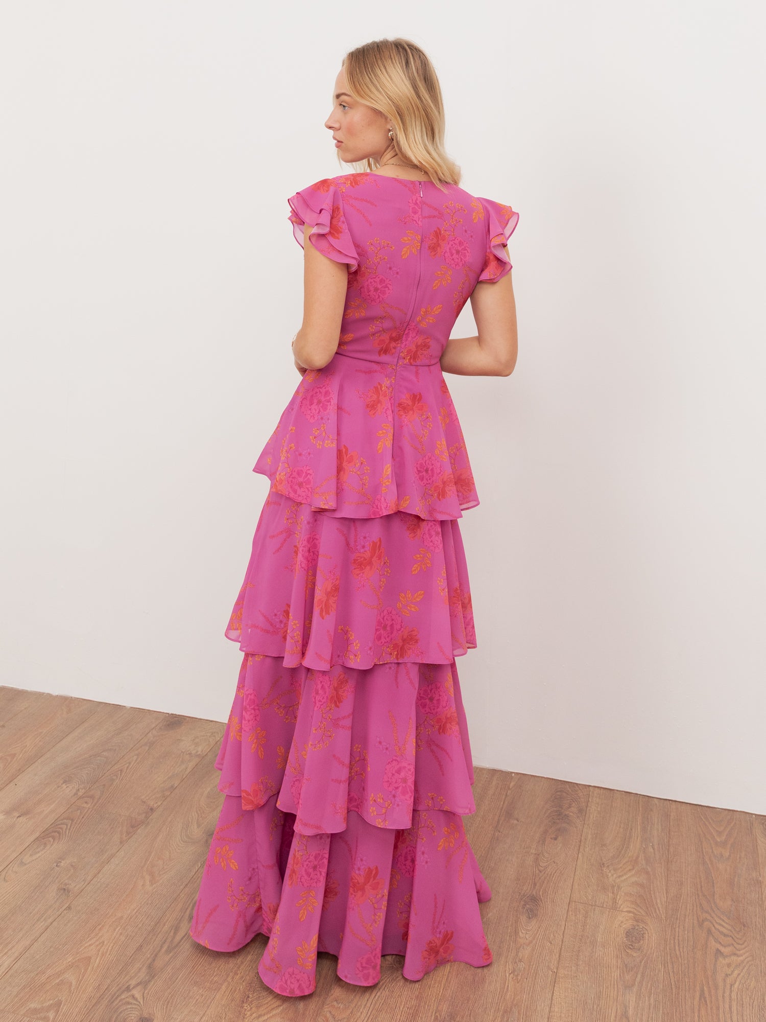 Anaya With Love Recycled Hot Pink Floral Print Faux Wrap Tiered Maxi Dress