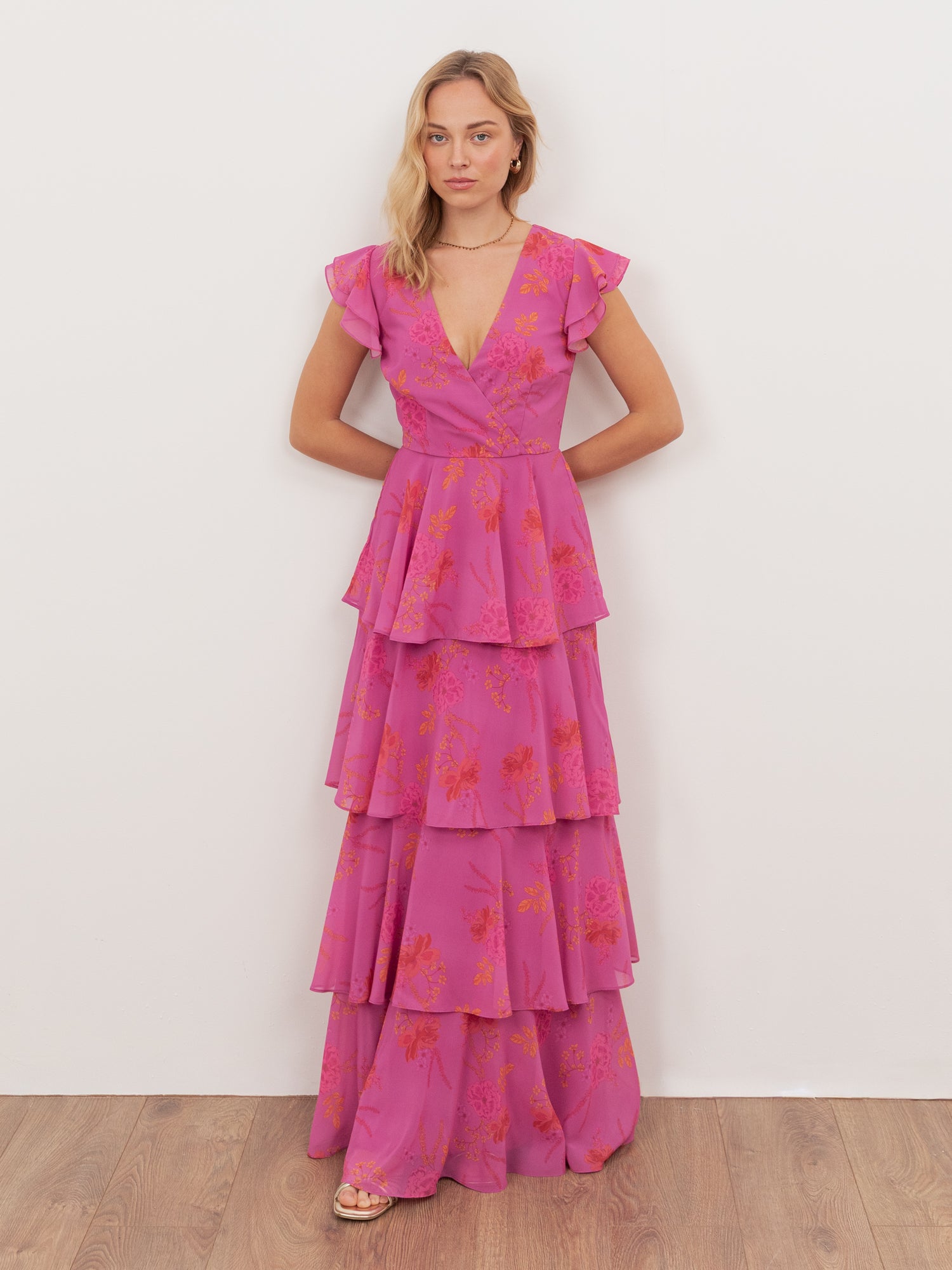 Anaya With Love Recycled Hot Pink Floral Print Faux Wrap Tiered Maxi Dress