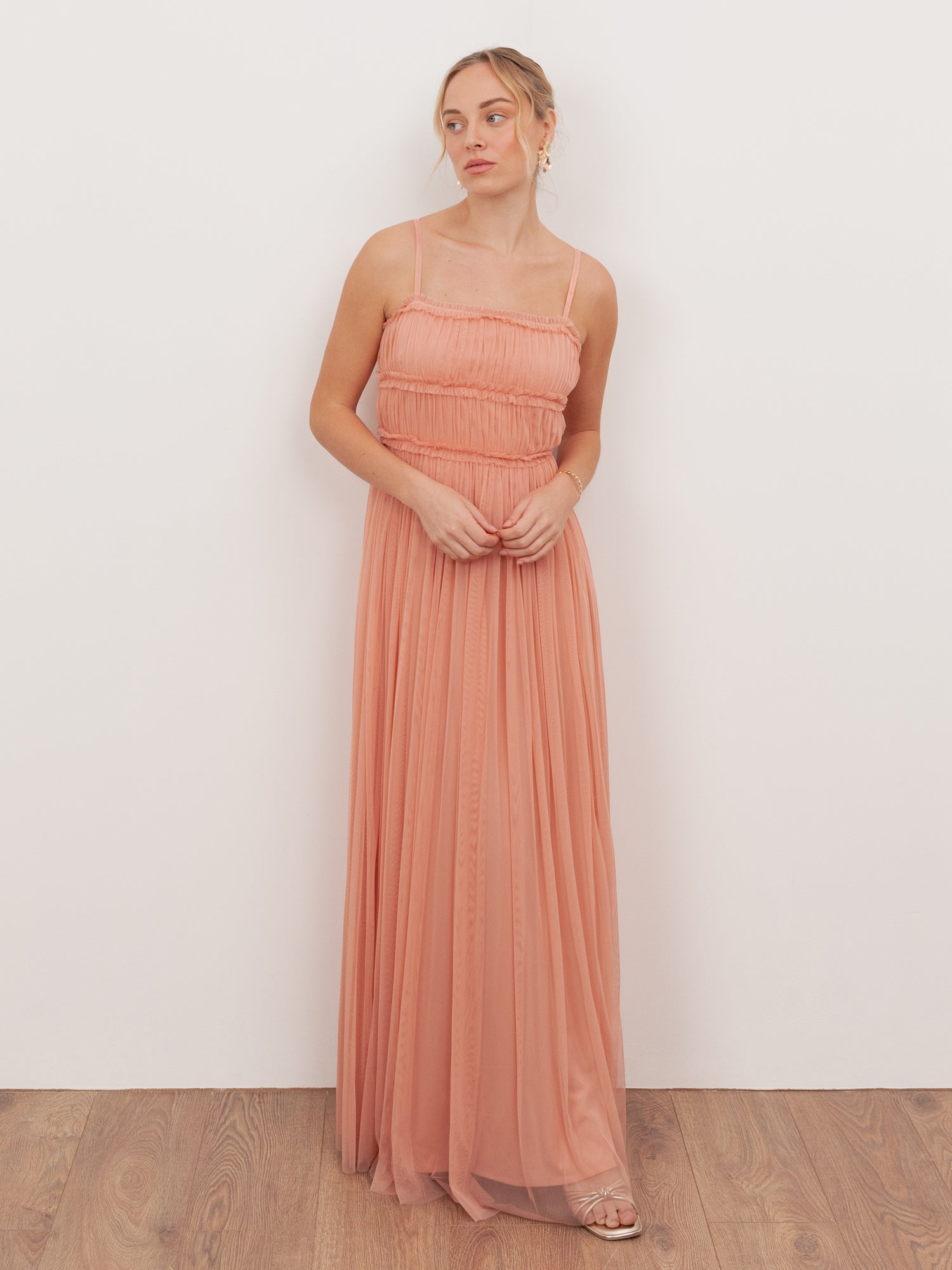 Anaya With Love Recycled Peach Tulle Square Neck Strappy Maxi Dress