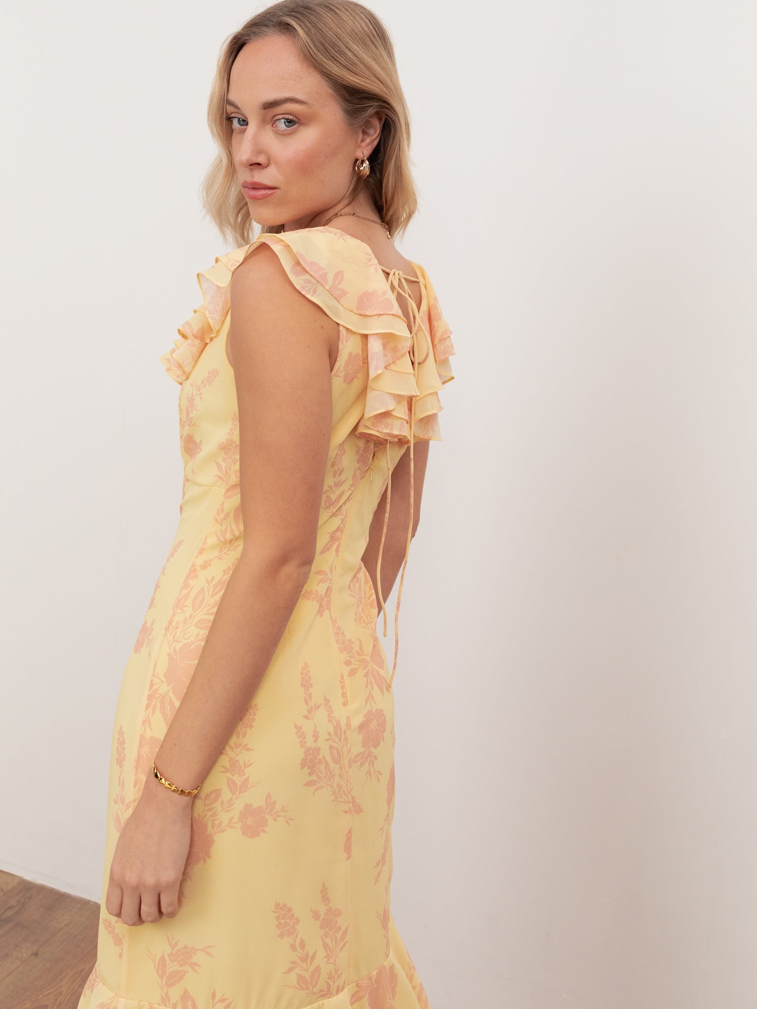 Anaya With Love Recycled Yellow Floral V Neck Ruffle Maxi Dress