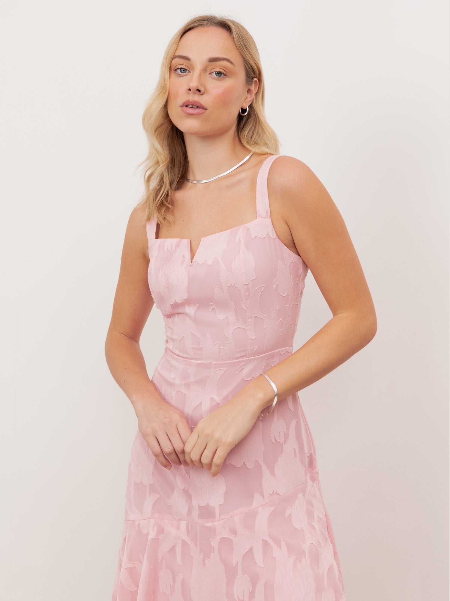 Anaya With Love Recycled Peony Pink Floral Burnout Strappy Asymmetric Ruffle Maxi Dress