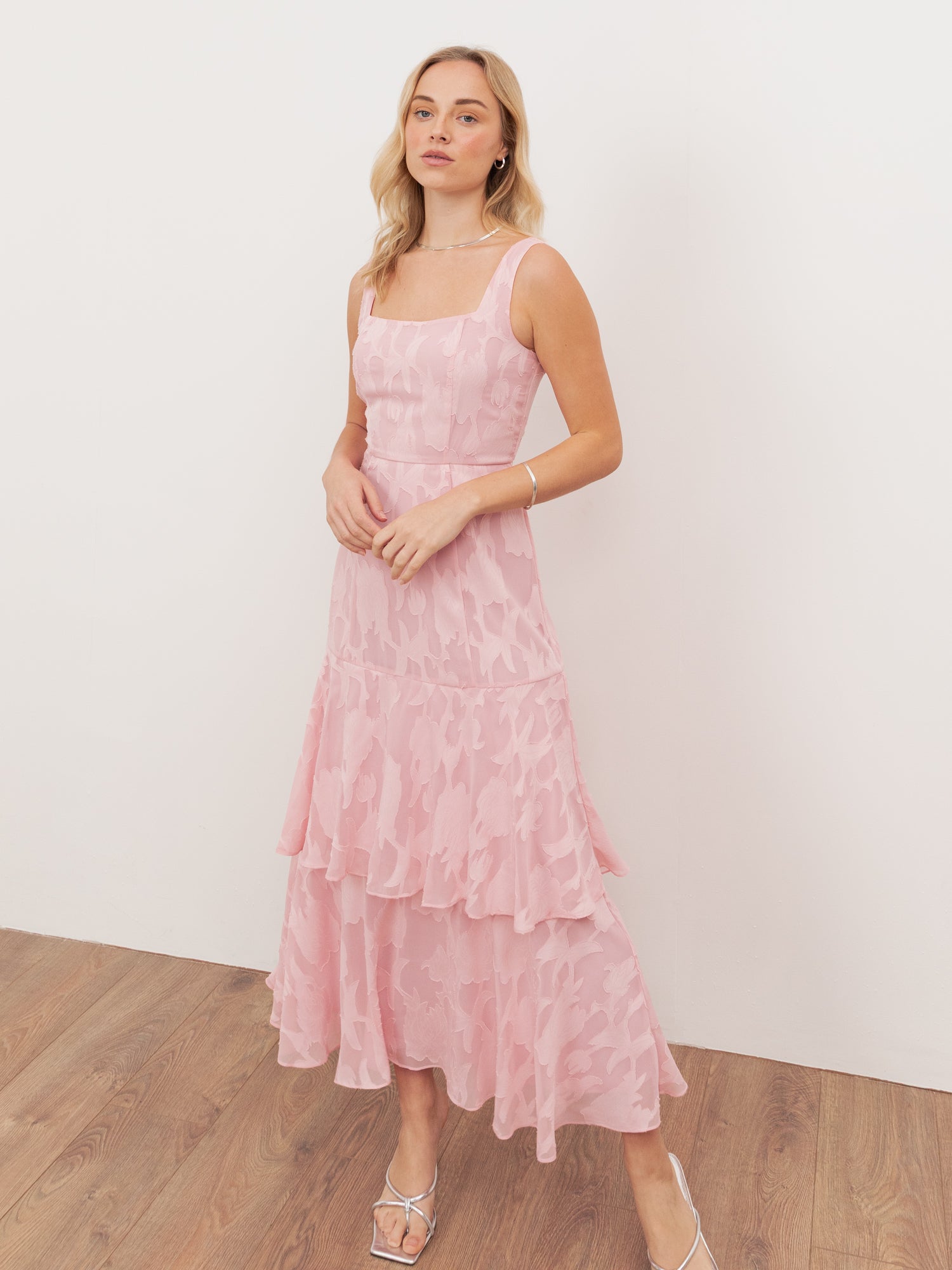 Anaya With Love Recycled Peony Pink Floral Burnout Square Neck Tiered Midaxi Dress