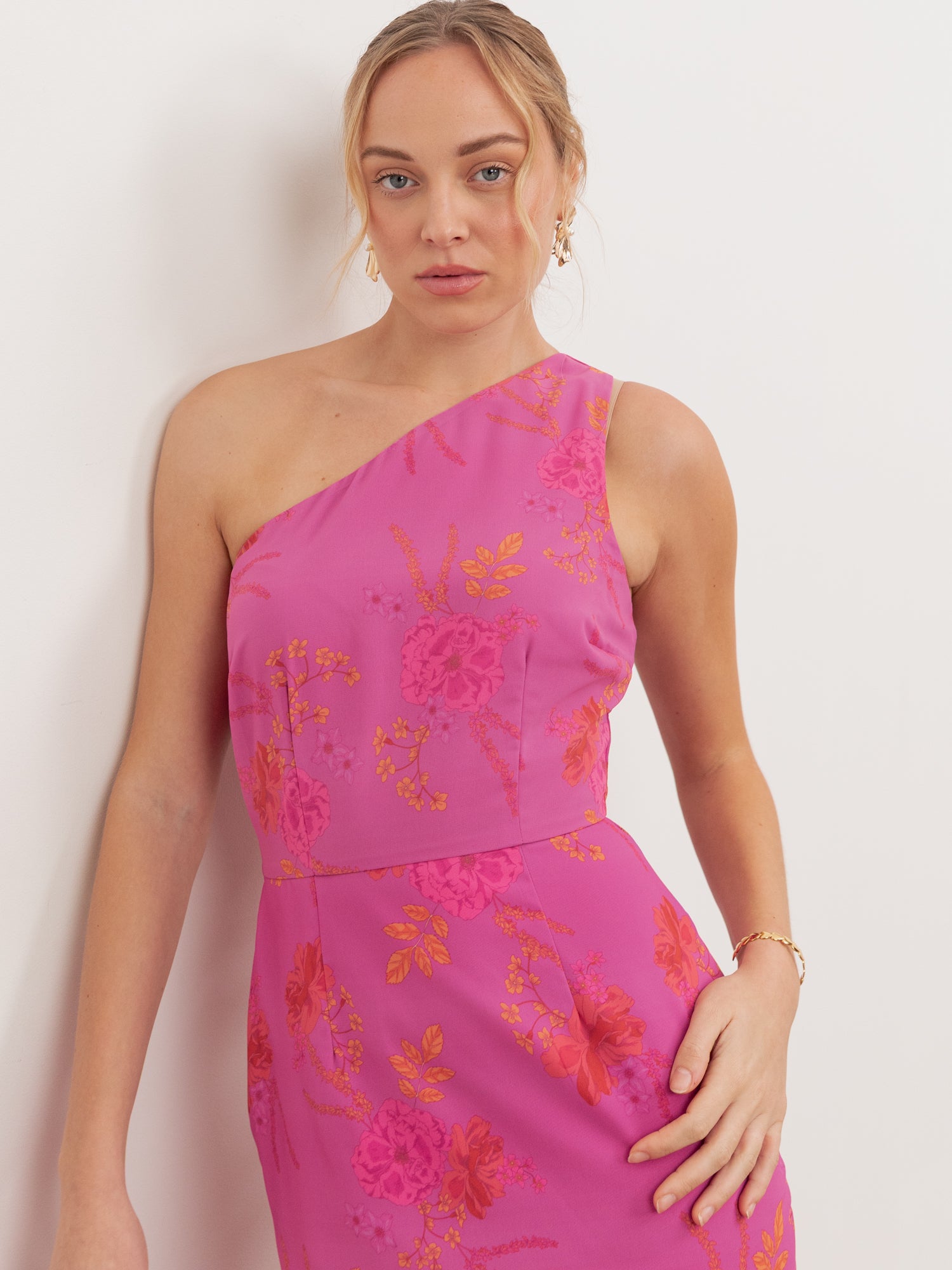 Anaya With Love Recycled Hot Pink Floral Print One Shoulder Maxi Dress