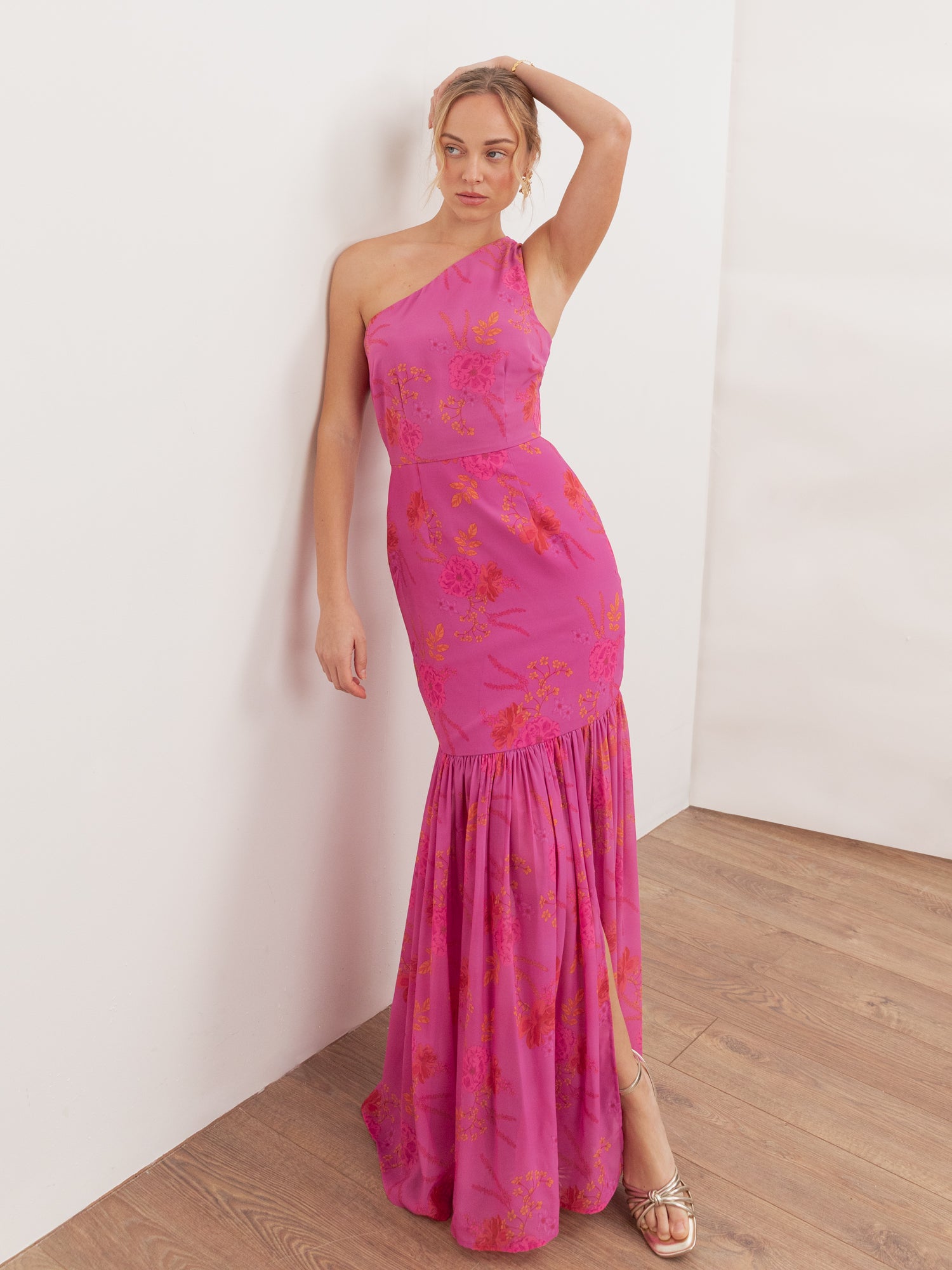 Anaya With Love Recycled Hot Pink Floral Print One Shoulder Maxi Dress