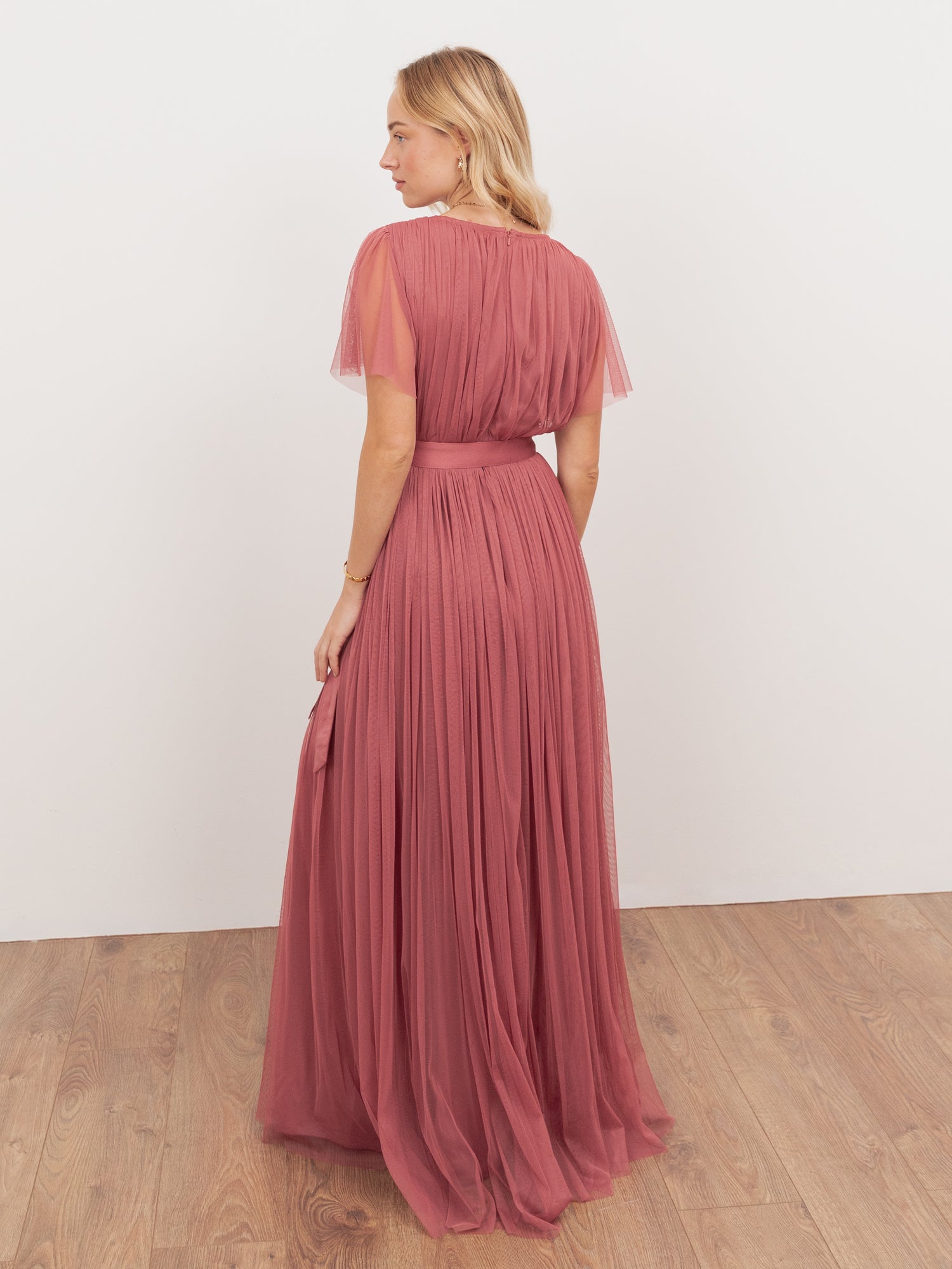 Anaya With Love Recycled Faded Rose Tulle Faux Wrap Short Sleeve Maxi Dress