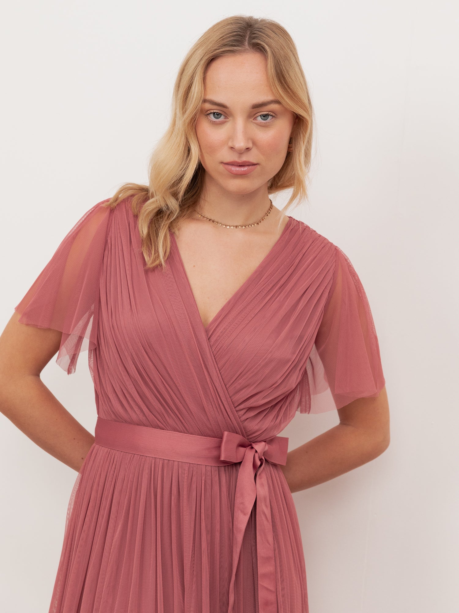 Anaya With Love Recycled Faded Rose Tulle Faux Wrap Short Sleeve Maxi Dress