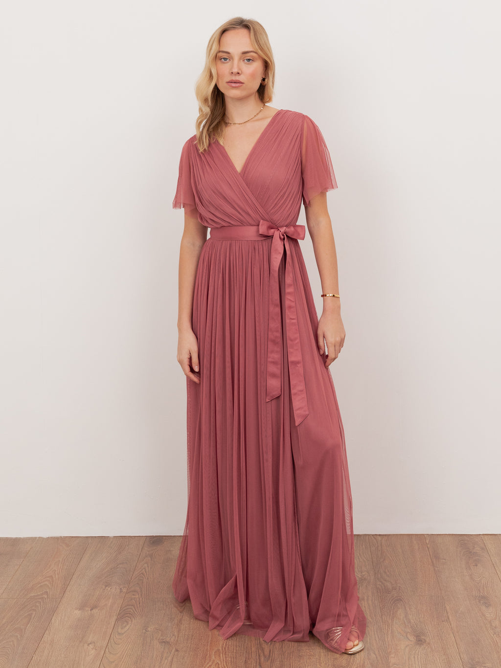 Anaya With Love Recycled Faded Rose Tulle Faux Wrap Short Sleeve Maxi Dress