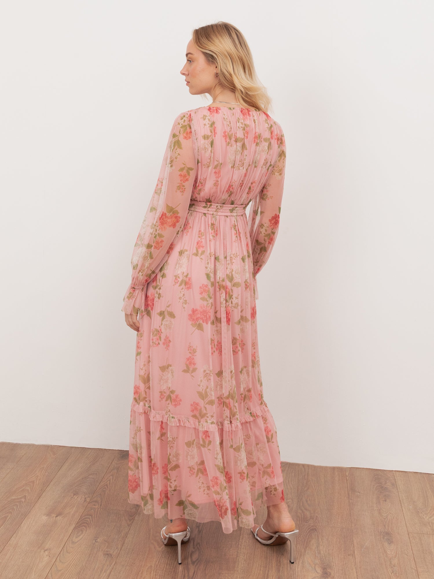 Anaya With Love Recycled Pink Floral Print Faux Wrap Maxi Sleeve Midaxi Dress