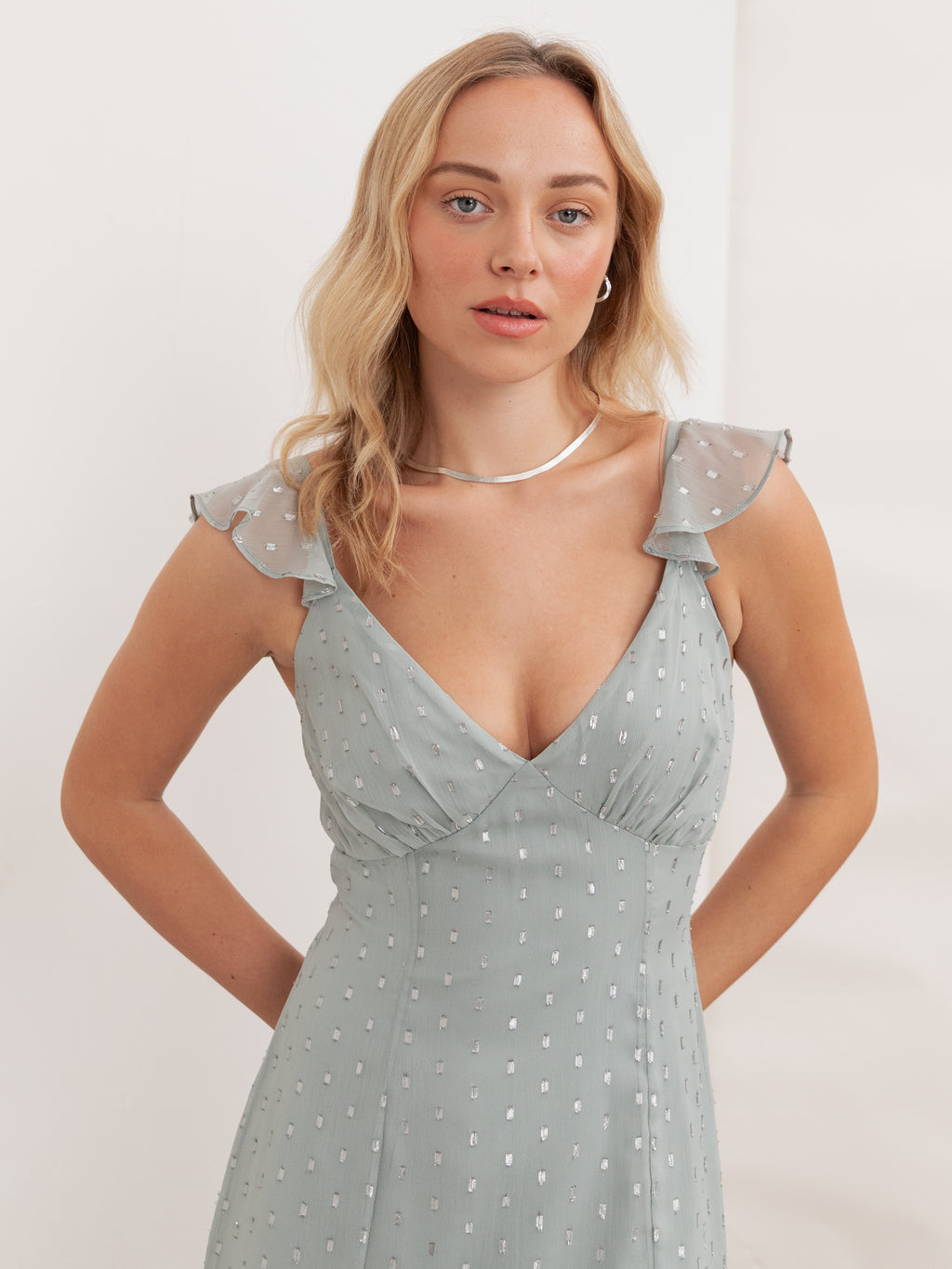 Anaya With Love Recycled Cloud Blue Strappy V Neck Maxi Dress with Skirt Split & Ruffle Detail