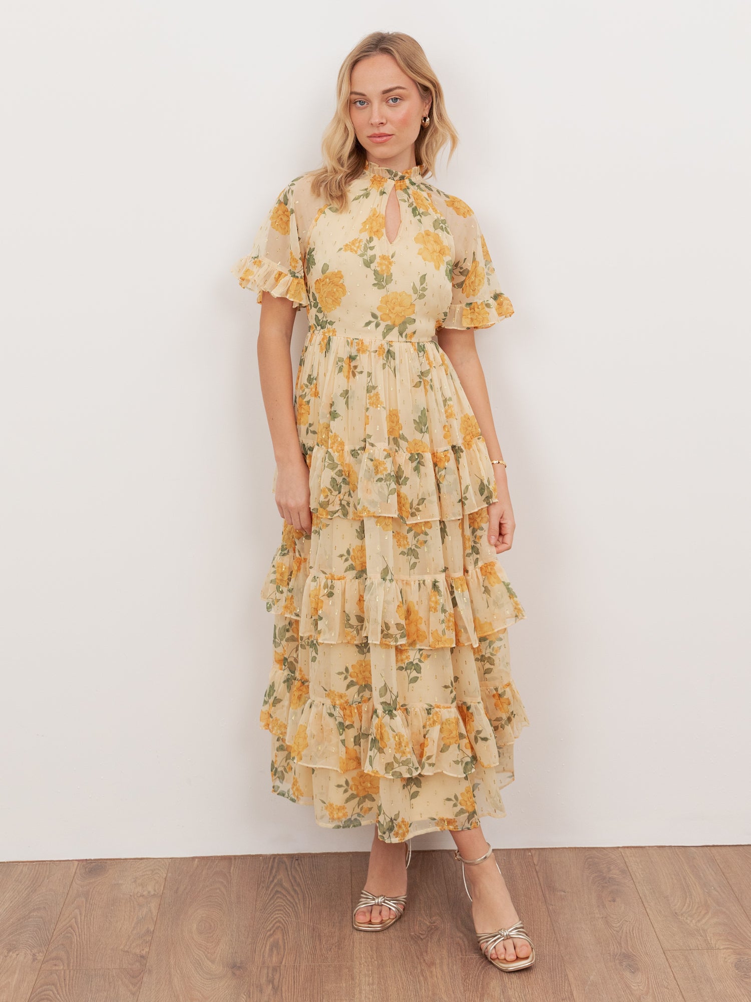 Anaya With Love Recycled Yellow Floral Print Short Sleeve Tiered Midaxi Dress