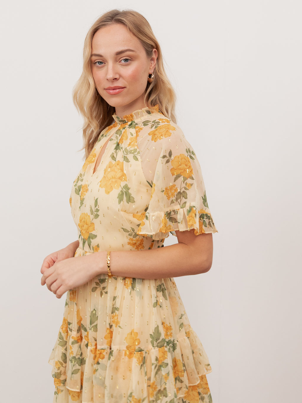 Anaya With Love Recycled Yellow Floral Print Short Sleeve Tiered Midaxi Dress
