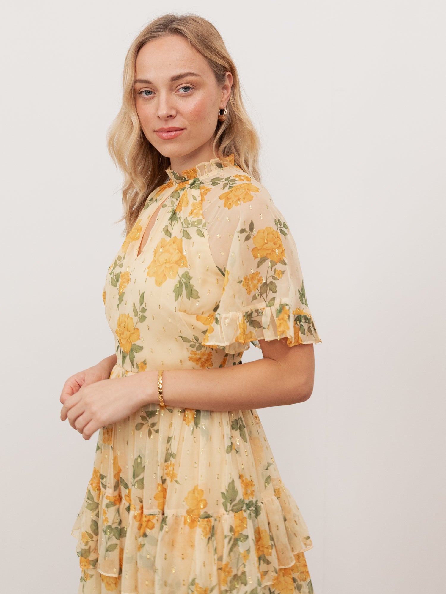 Anaya With Love Recycled Yellow Floral Print Short Sleeve Tiered Midaxi Dress