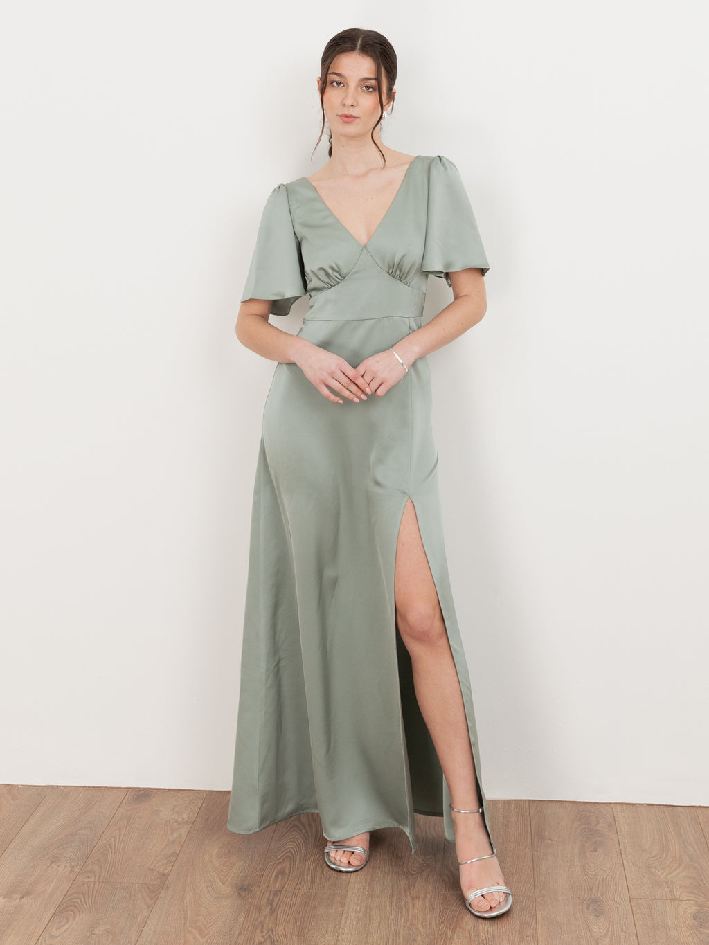 Maya Sage Green V Neck Angel Sleeve Satin Maxi Dress