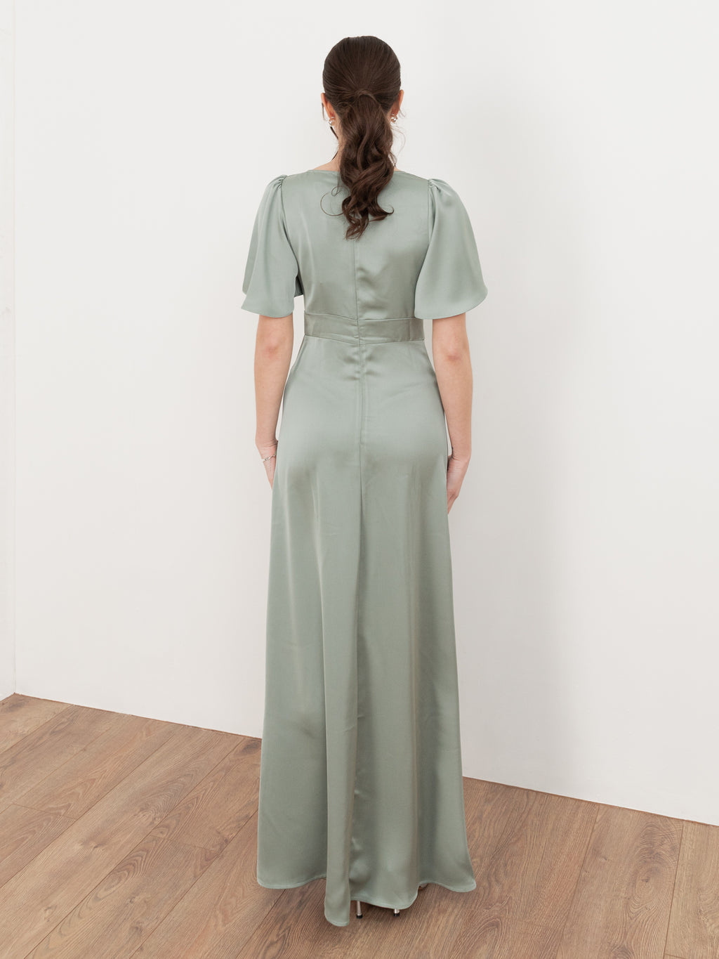 Maya Sage Green V Neck Angel Sleeve Satin Maxi Dress