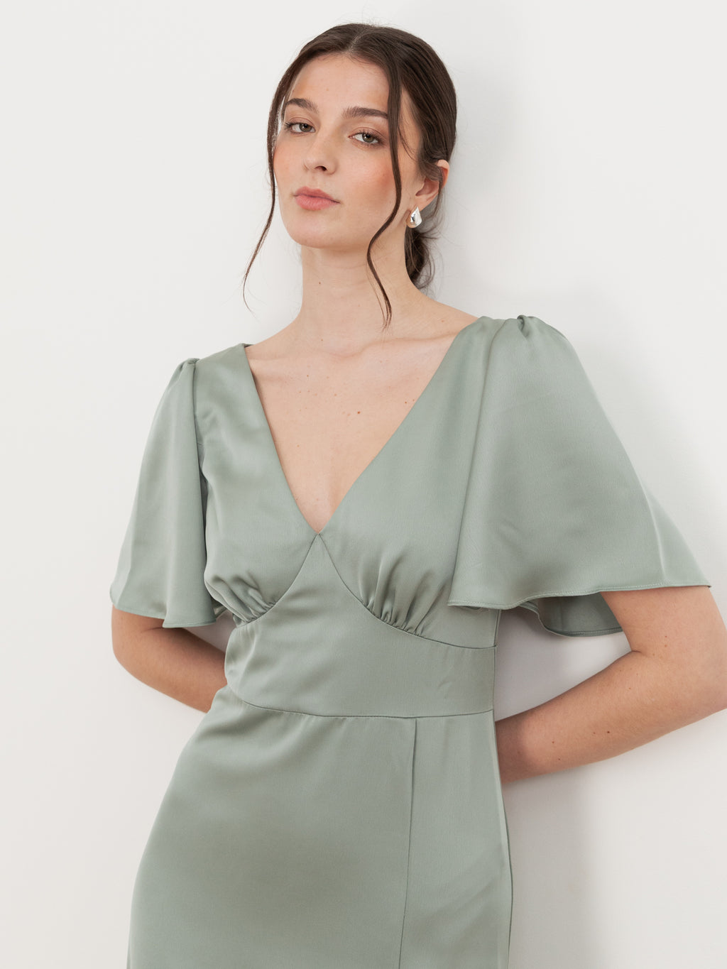 Maya Sage Green V Neck Angel Sleeve Satin Maxi Dress
