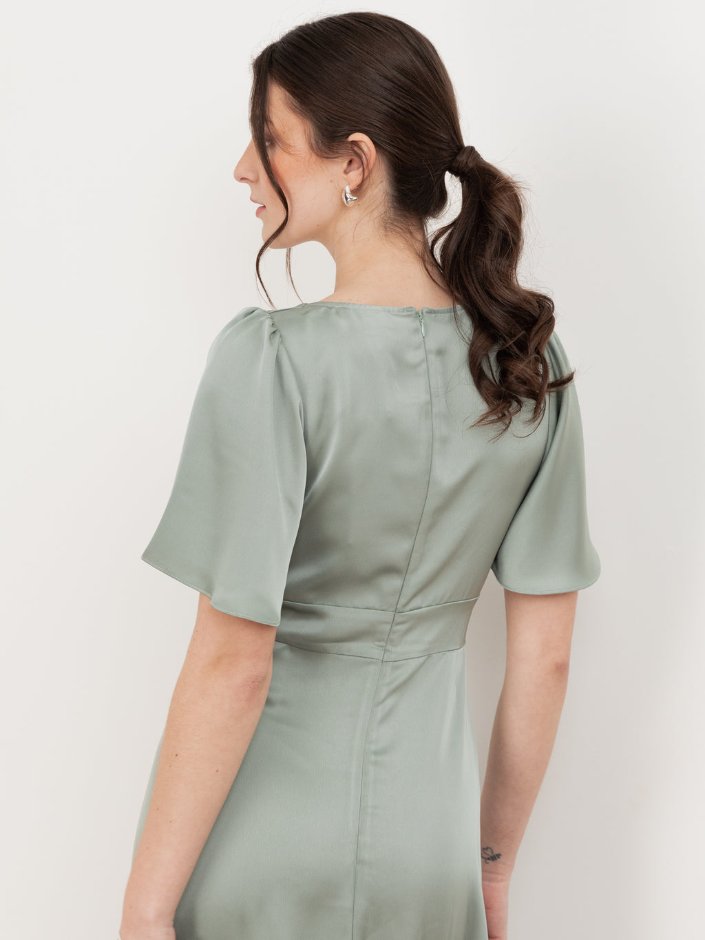 Maya Sage Green V Neck Angel Sleeve Satin Maxi Dress