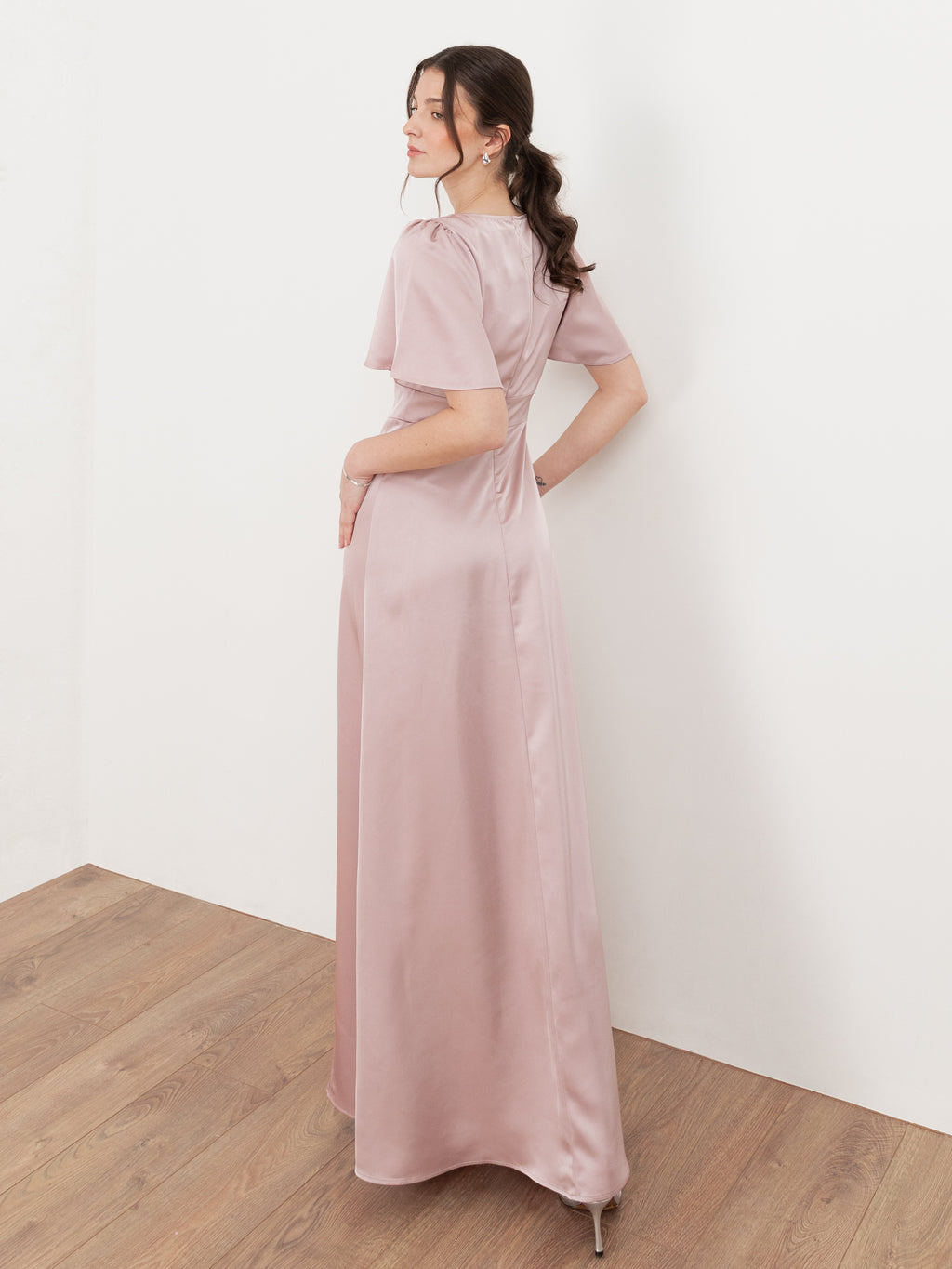 Maya Blush V Neck Angel Sleeve Satin Maxi Dress