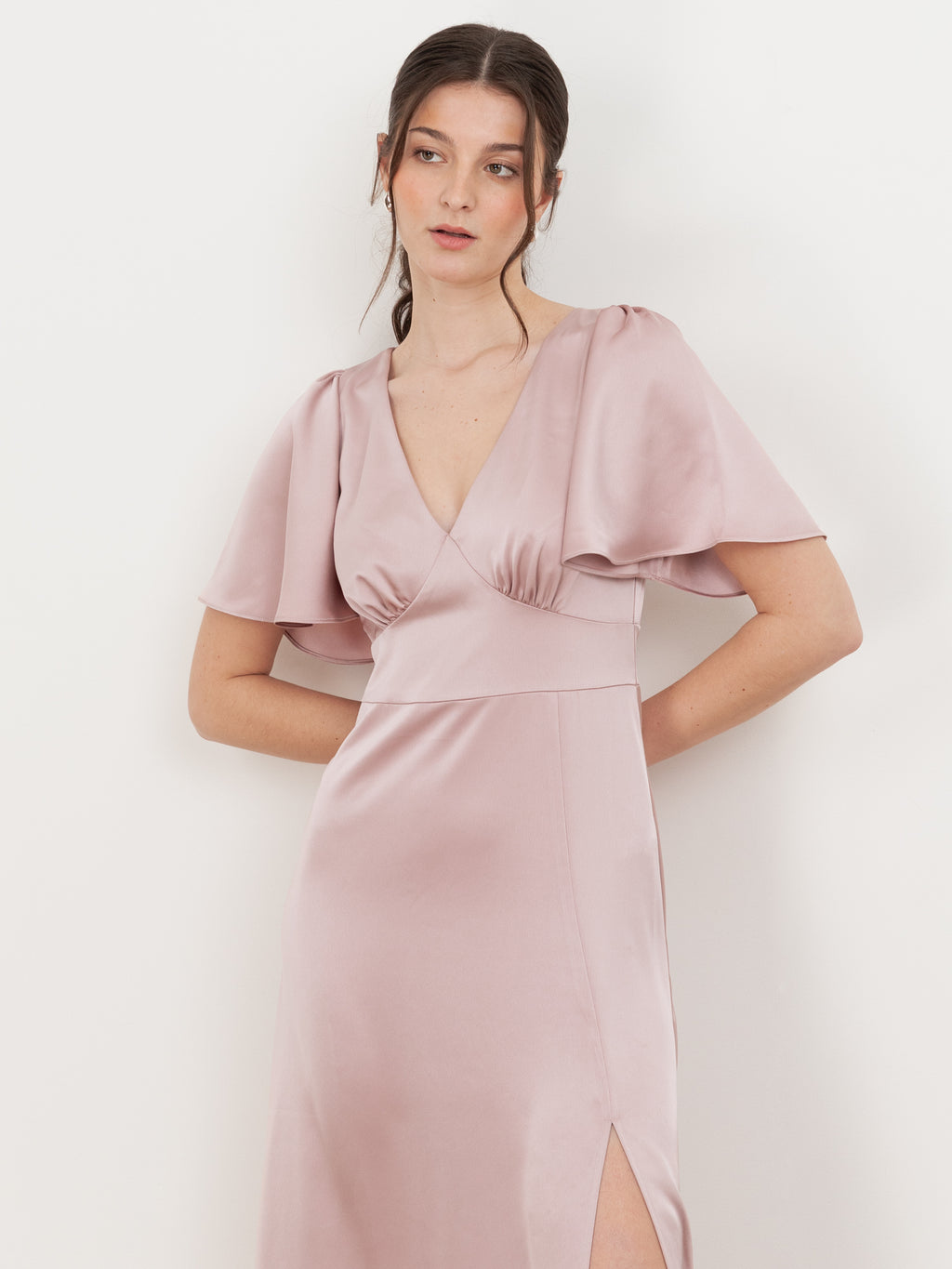 Maya Blush V Neck Angel Sleeve Satin Maxi Dress