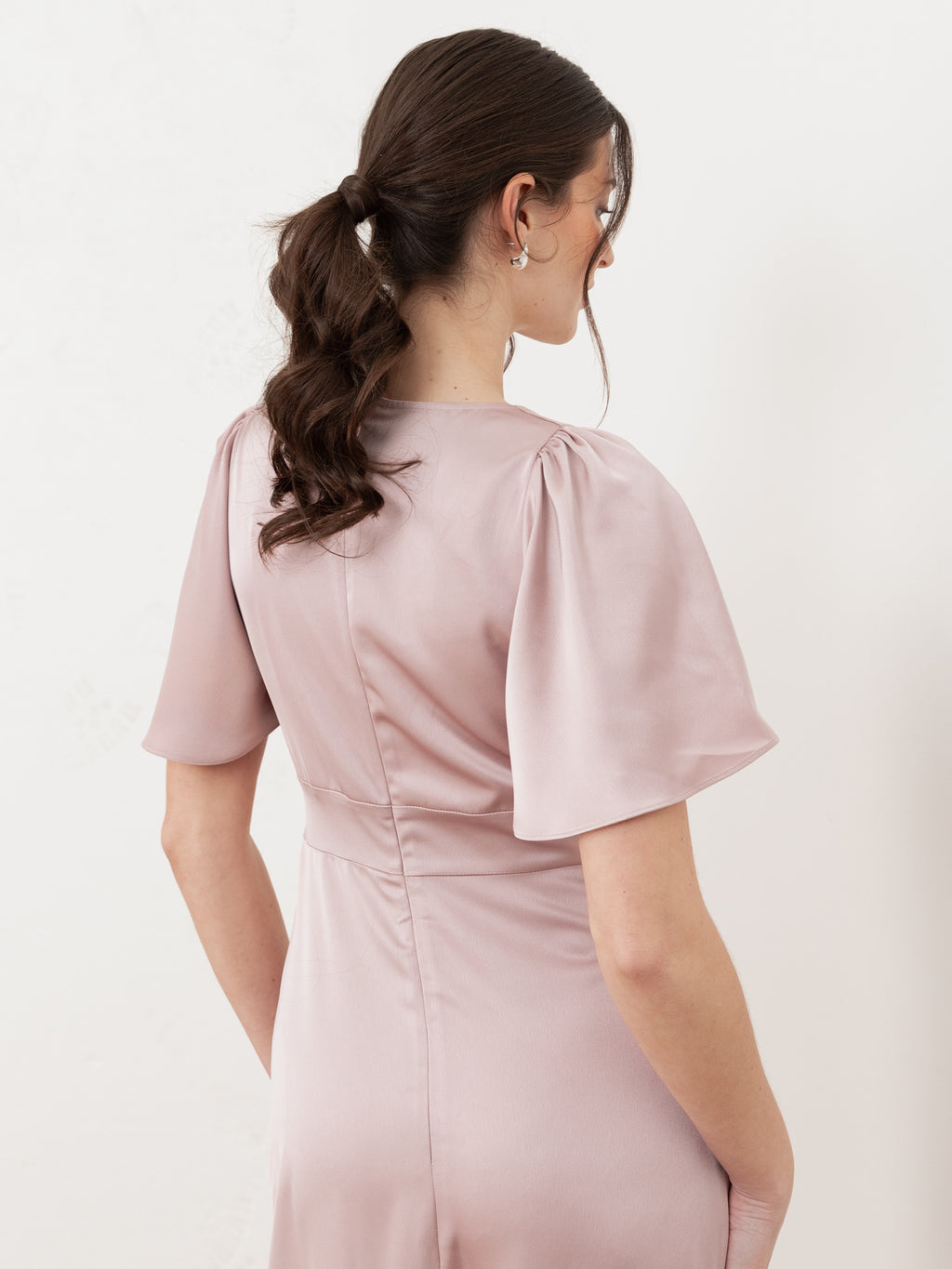 Maya Blush V Neck Angel Sleeve Satin Maxi Dress