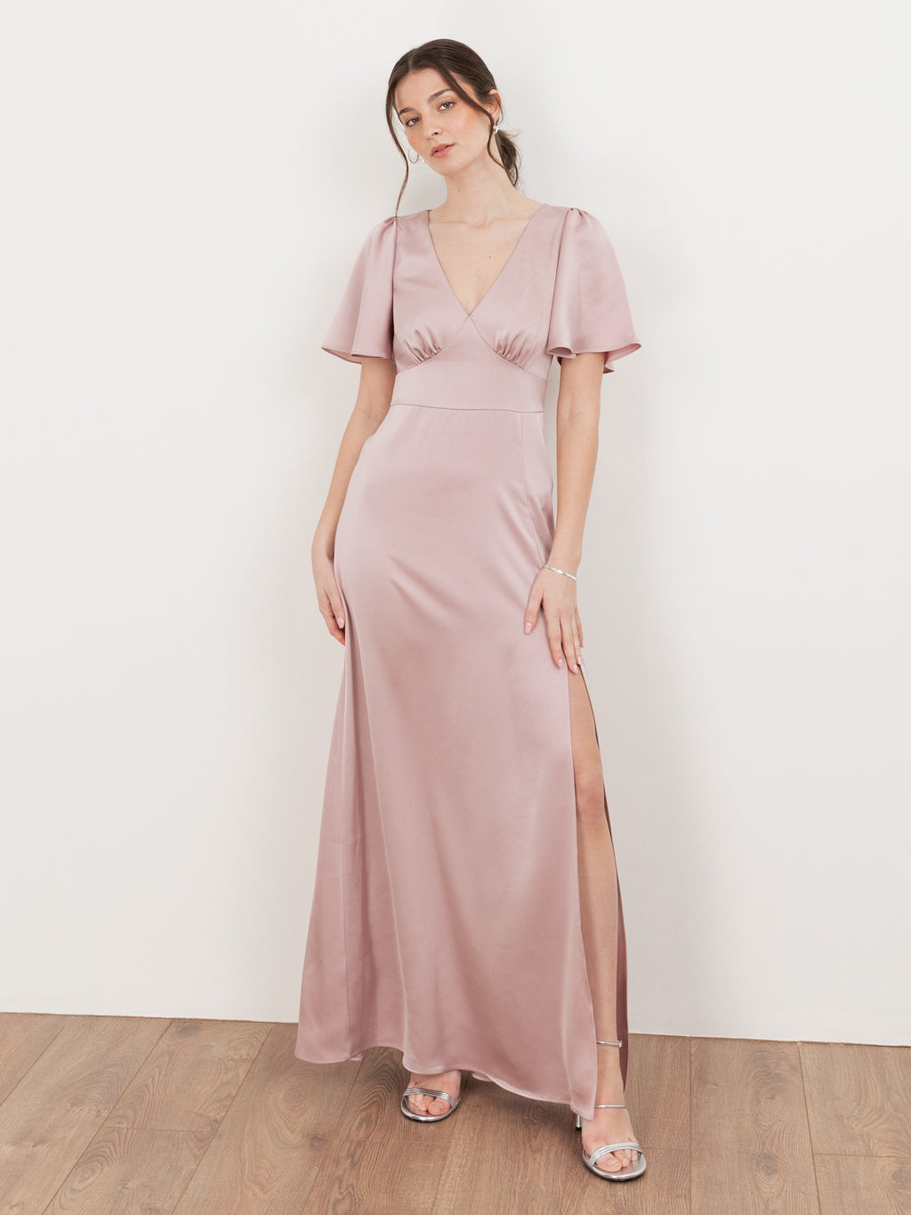 Maya Blush V Neck Angel Sleeve Satin Maxi Dress