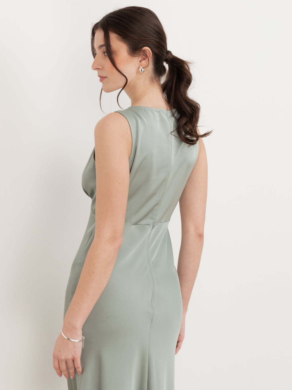 Maya Sage Green Sleeveless V Neck Satin Maxi Dress