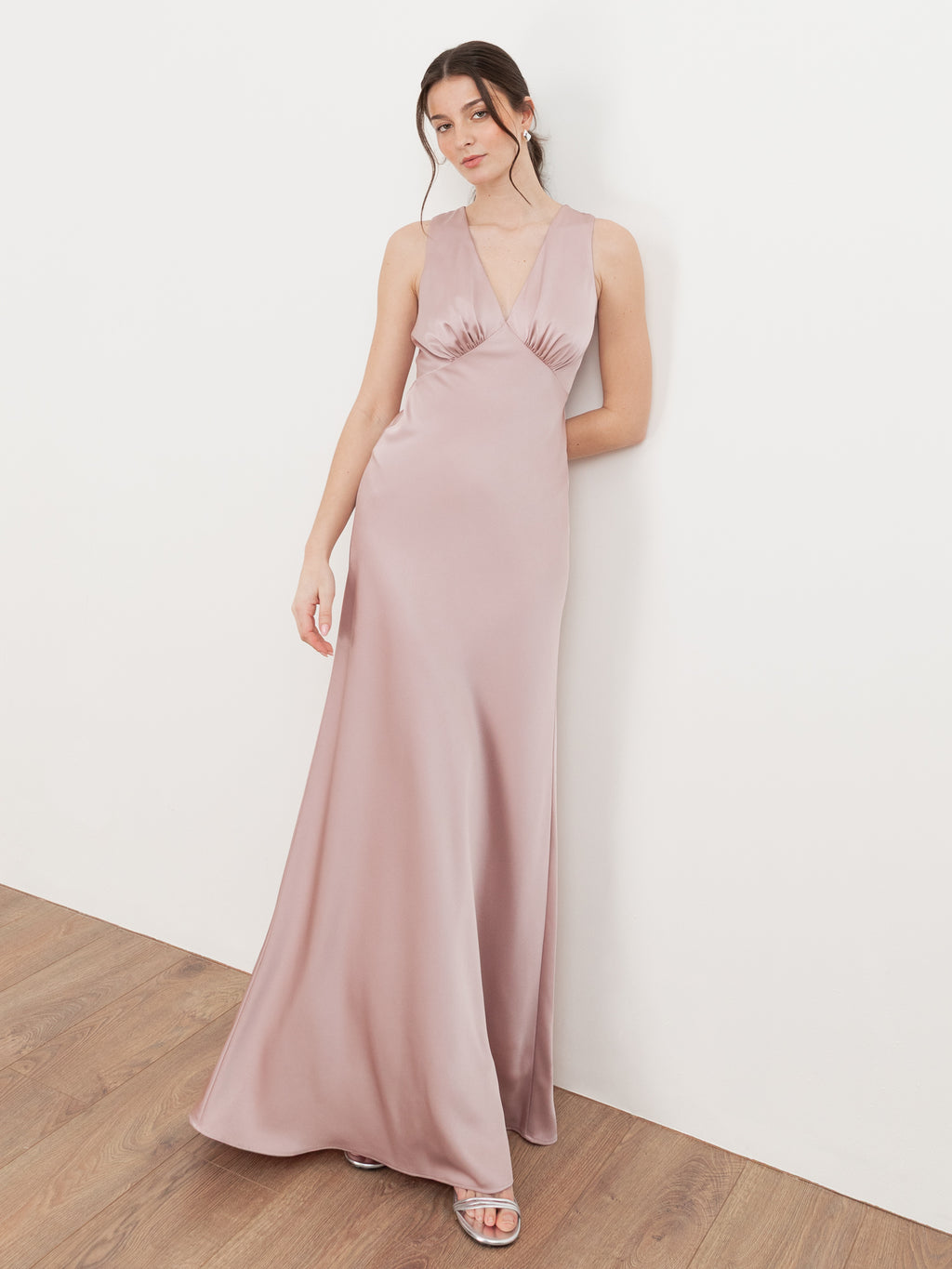 Maya Blush Sleeveless V Neck Satin Maxi Dress