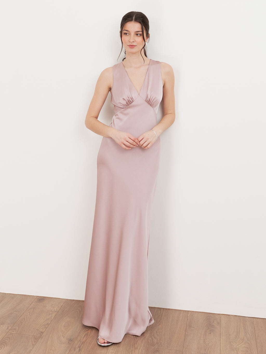 Maya Blush Sleeveless V Neck Satin Maxi Dress