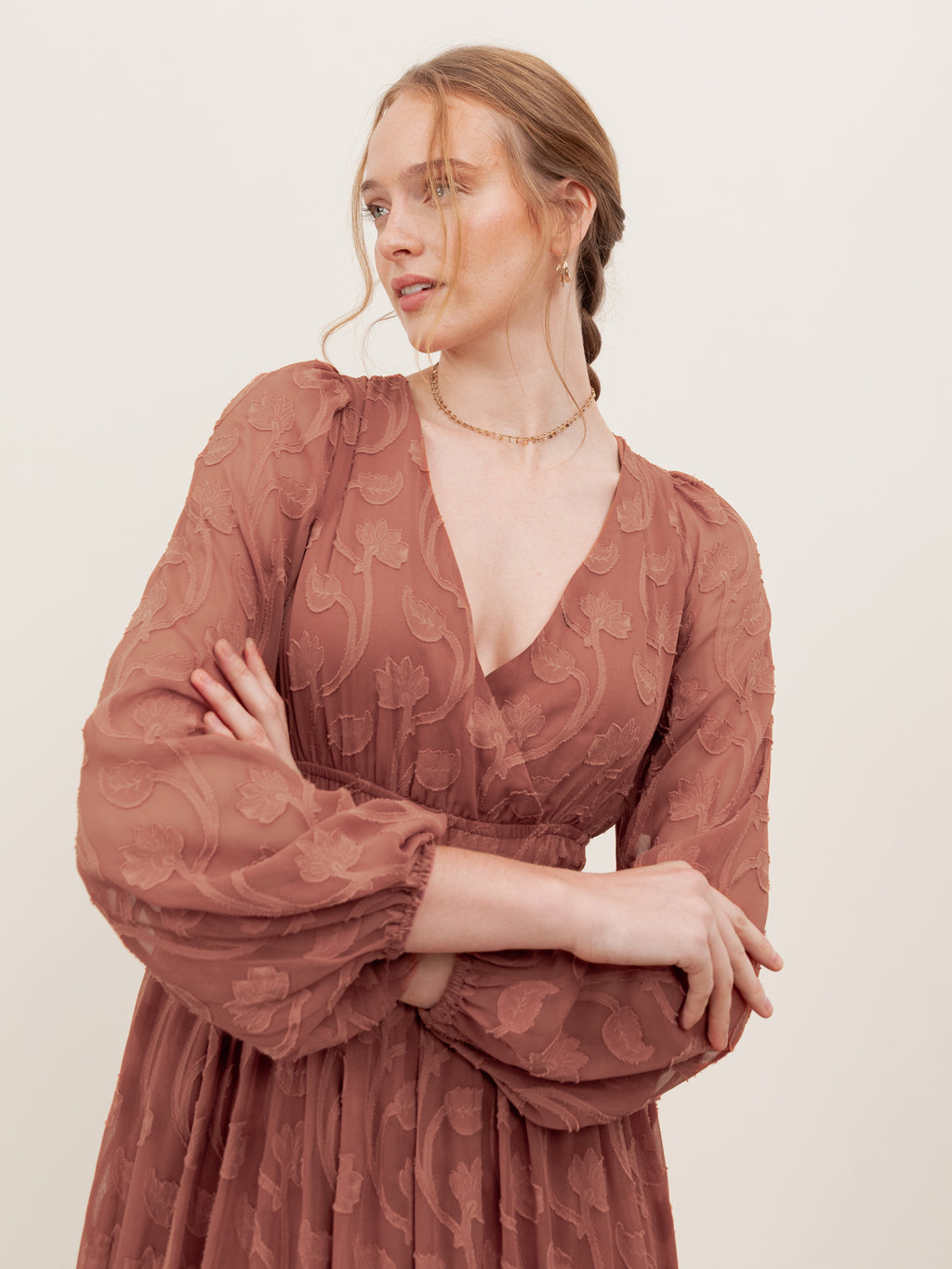 Lovedrobe Terracotta Floral Burnout Tie-Back Maxi Dress with Asymmetric Split Hem