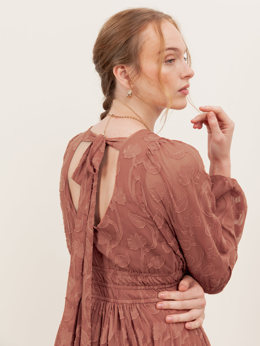 Lovedrobe Terracotta Floral Burnout Tie-Back Maxi Dress with Asymmetric Split Hem