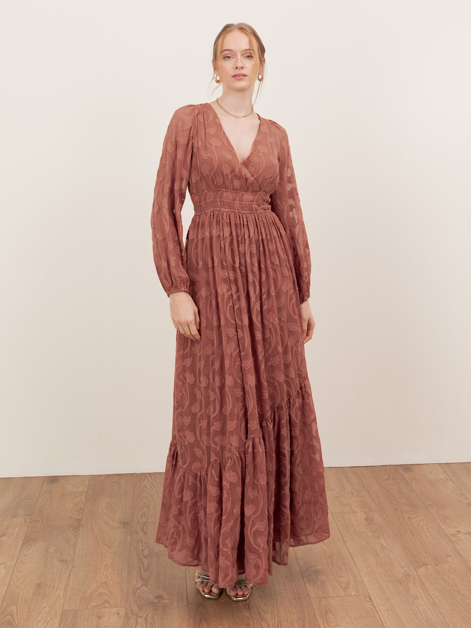 Lovedrobe Terracotta Floral Burnout Tie-Back Maxi Dress with Asymmetric Split Hem