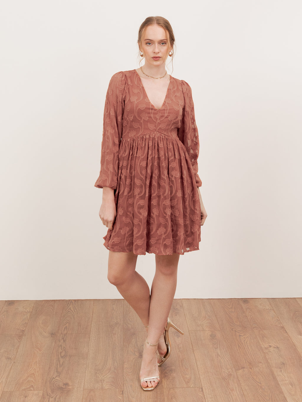Lovedrobe Terracotta Floral Burnout Maxi Sleeve Mini Dress