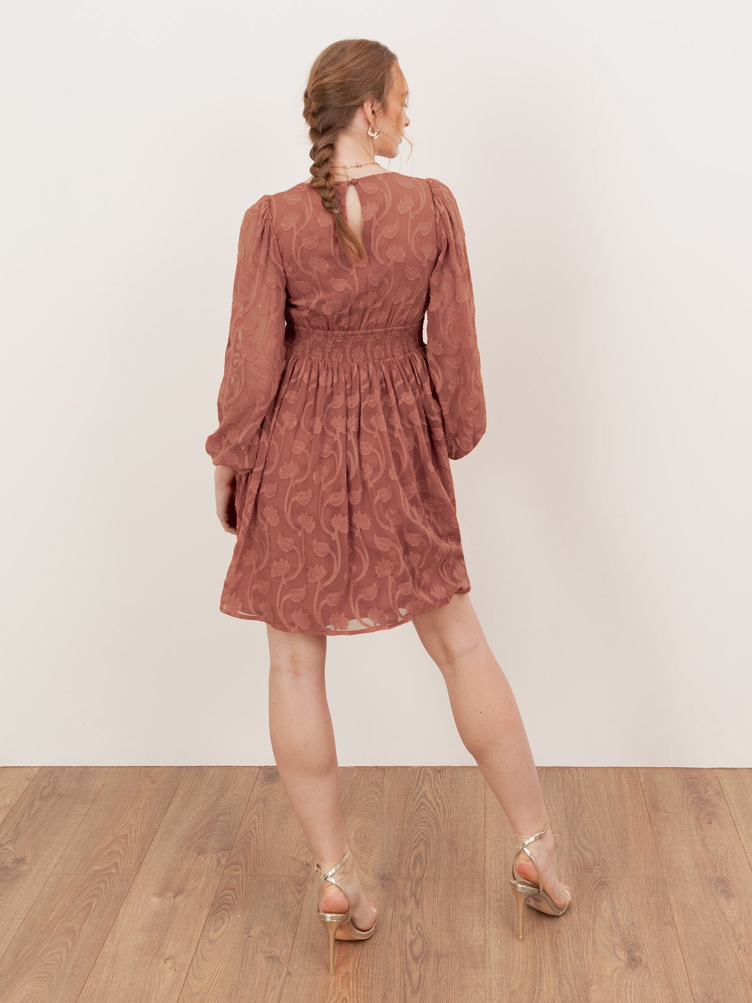 Lovedrobe Terracotta Floral Burnout Maxi Sleeve Mini Dress
